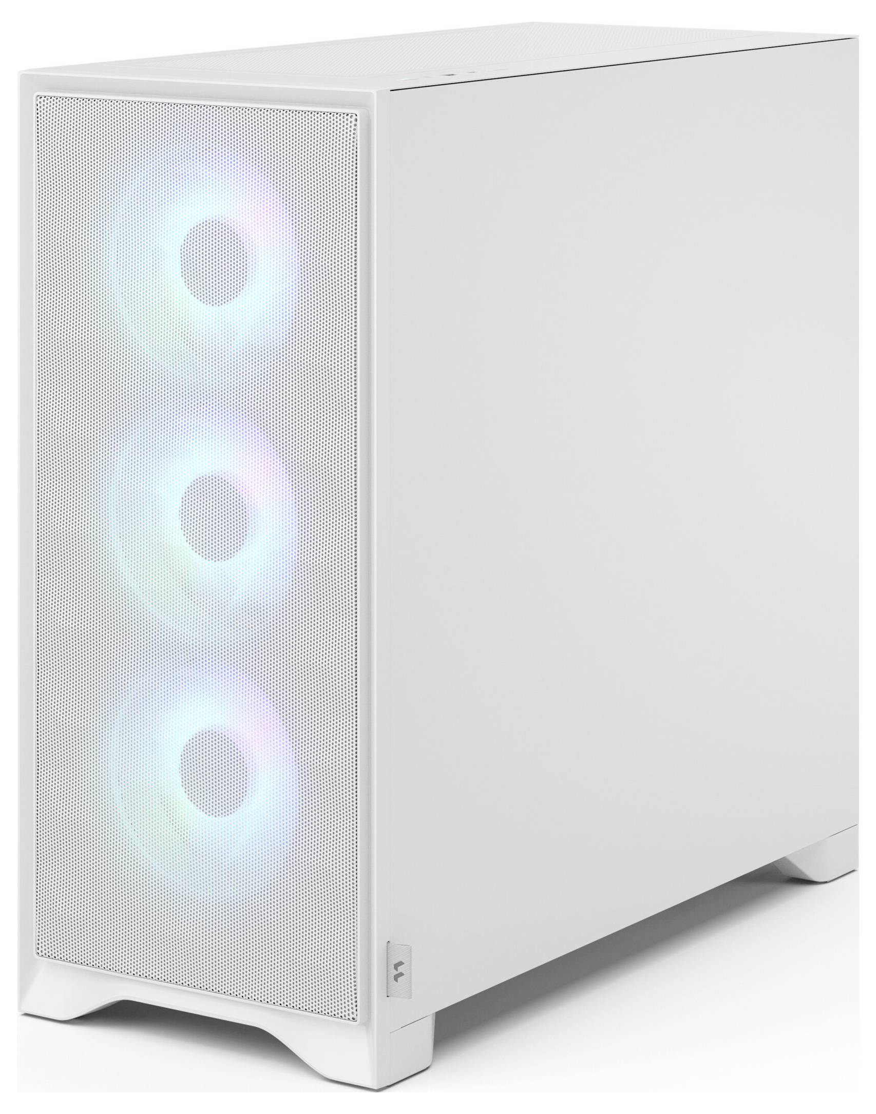 Ein weißes Computer-Gehäuse mit Mesh-Frontplatte verfügt über drei RGB-beleuchtete Kühlventilatoren, die eine effiziente Luftzirkulation und eine anpassbare Lichtanzeige bieten.