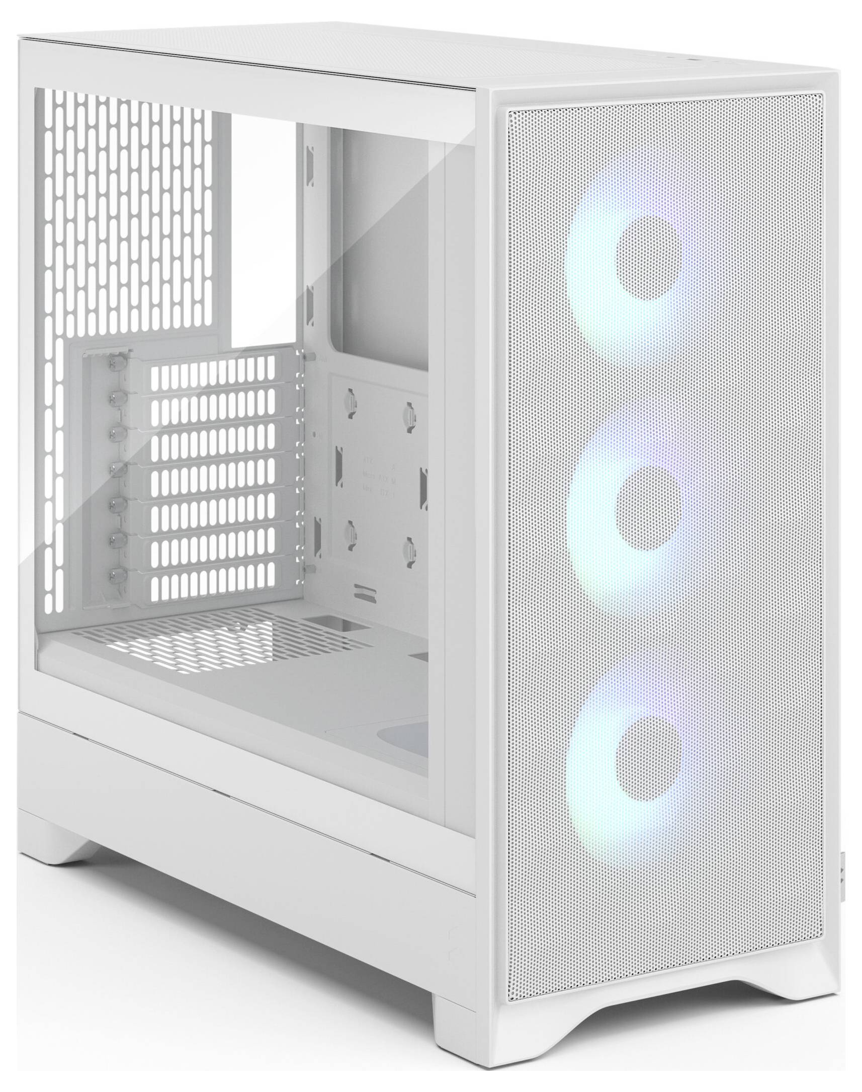 Ein weißes Computergehäuse mit einem durchsichtigen Seitenpaneel und drei an der Vorderseite montierten Lüftern, die pastellfarbenes Licht ausstrahlen. Das Gehäuse ist leer und offen zur Montage.