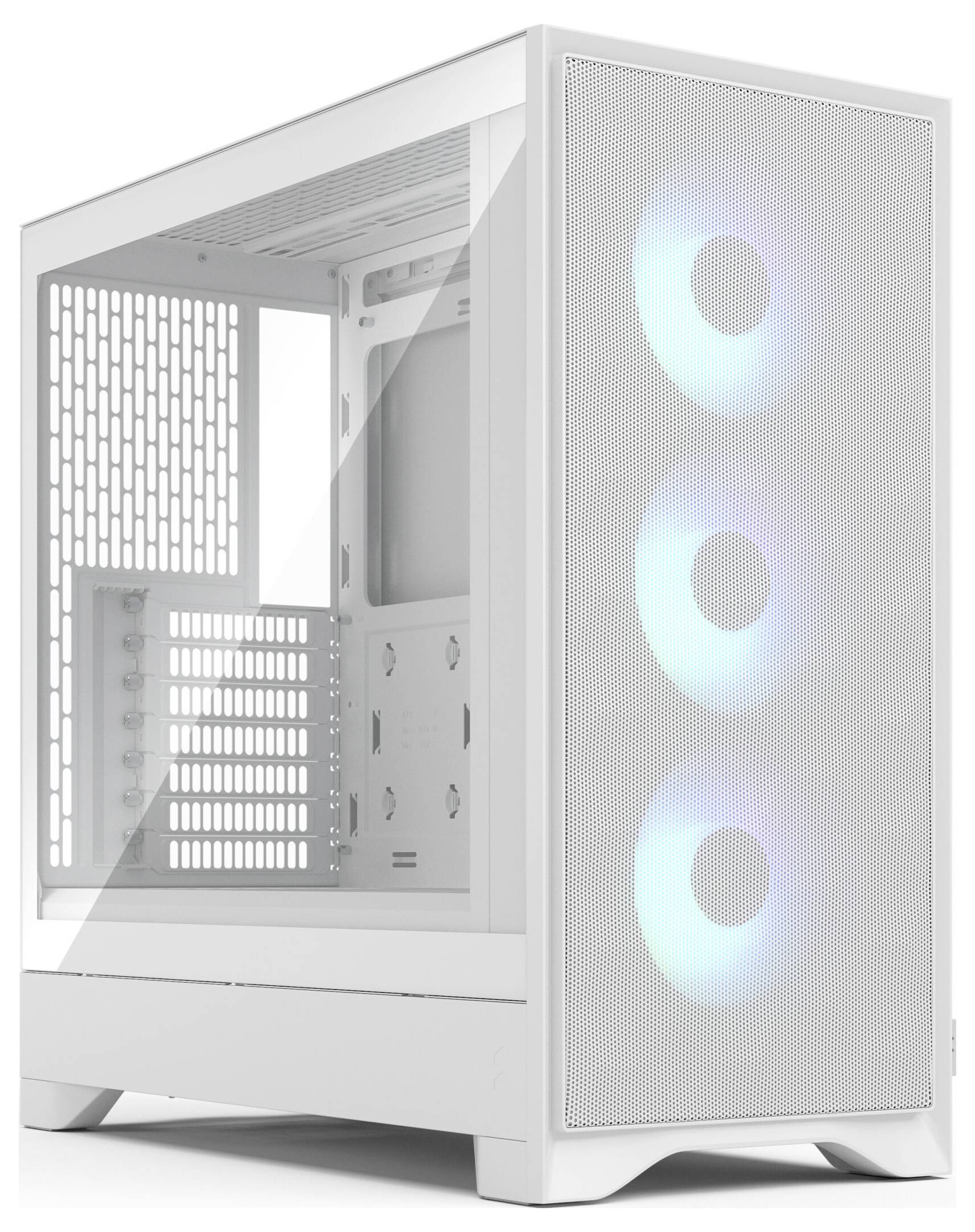 Ein weißes Computergehäuse mit drei vorderen RGB-Lüftern, Mesh-Frontplatte und Seitenfenster, konzipiert für Kühlung und Sichtbarkeit der Komponenten.