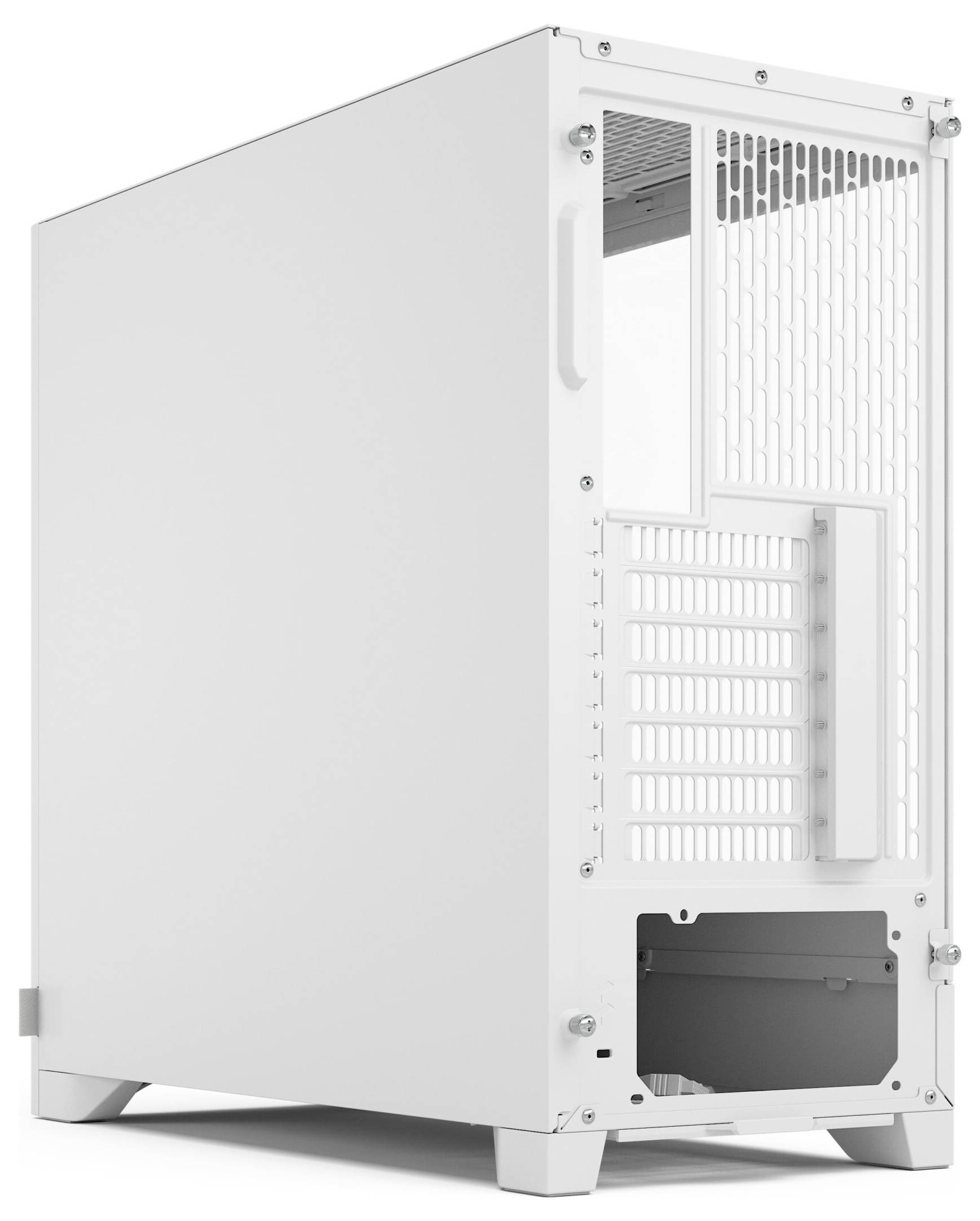 Ein weißes Computergehäuse mit einer offenen Rückwand, das mehrere Steckplätze für Komponenten und Belüftungsgitter zeigt.