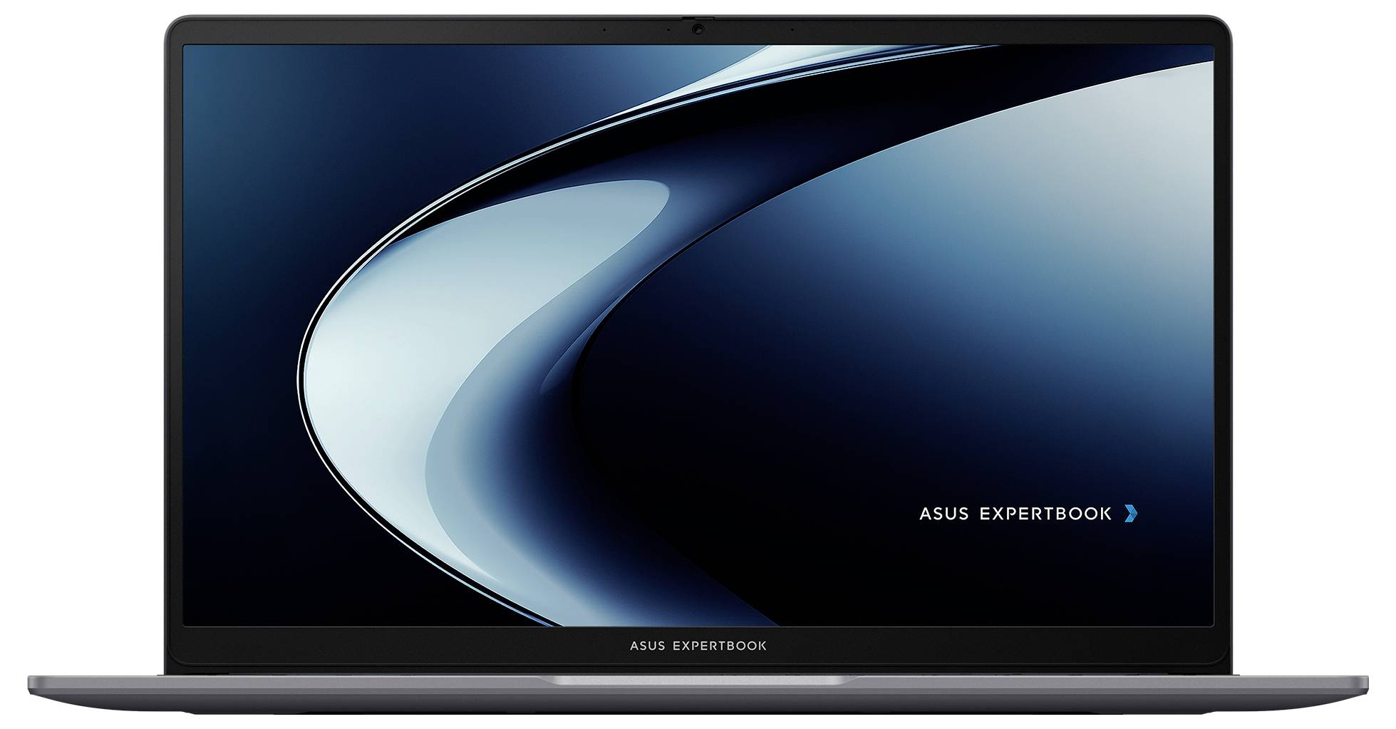 Ein elegantes ASUS ExpertBook Laptop mit großem Bildschirm, auf dem ein abstraktes blau-schwarzes Design angezeigt wird.