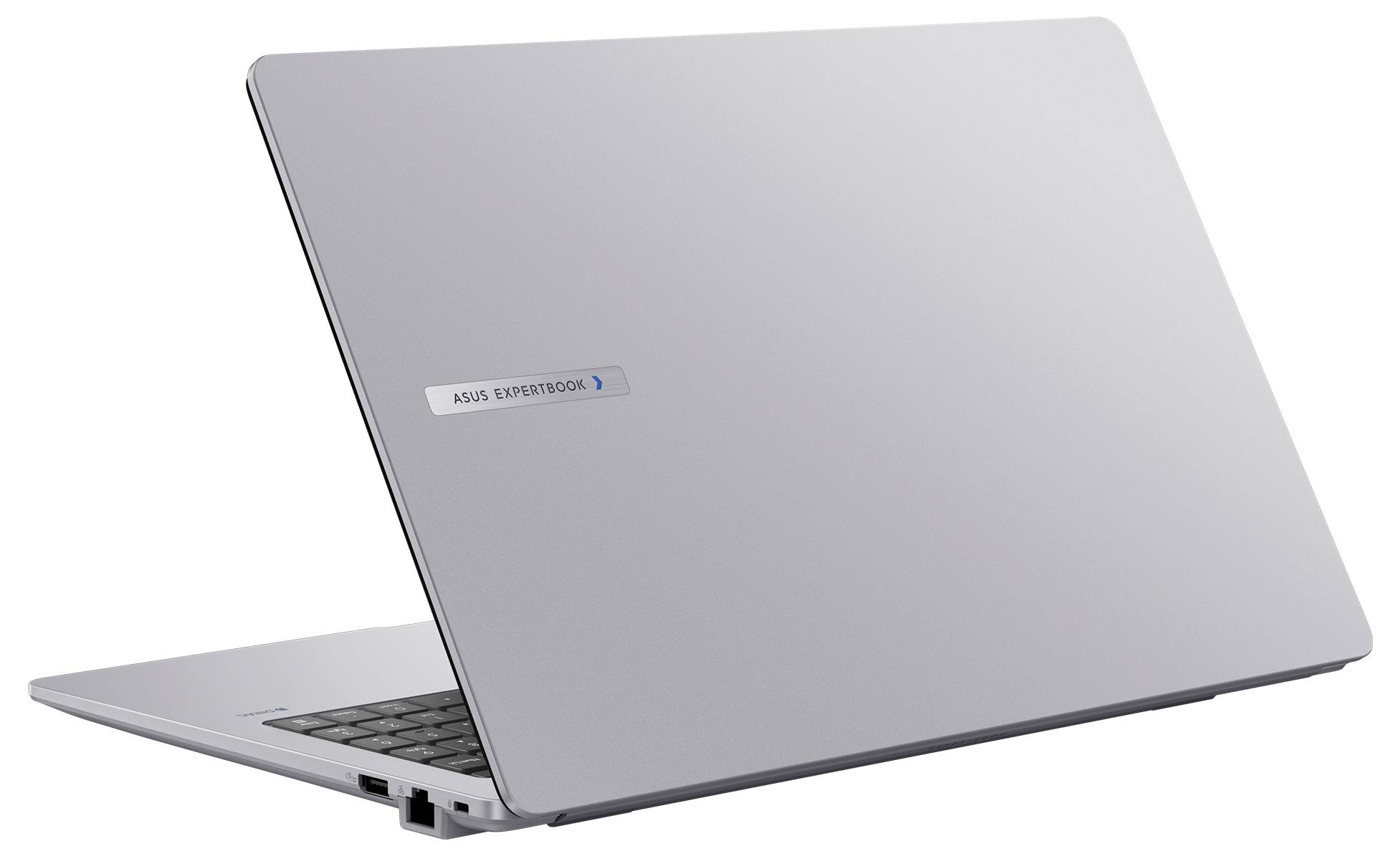 Ein silberner Laptop mit teilweise geöffnetem Deckel, der eine Tastatur zeigt. Das Logo auf dem Deckel lautet „ASUS ExpertBook