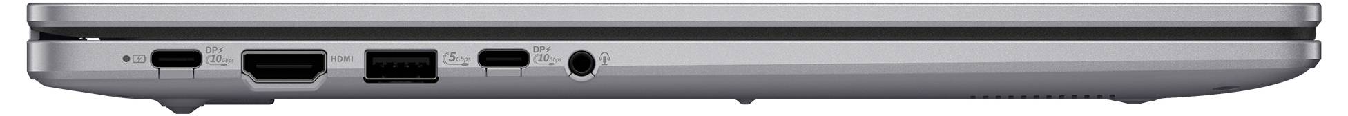 Eine Seitenansicht eines geschlossenen Laptops mit verschiedenen Anschlüssen, einschließlich USB, HDMI, Ethernet und Audio, die die Konnektivitätsoptionen des Geräts hervorhebt.