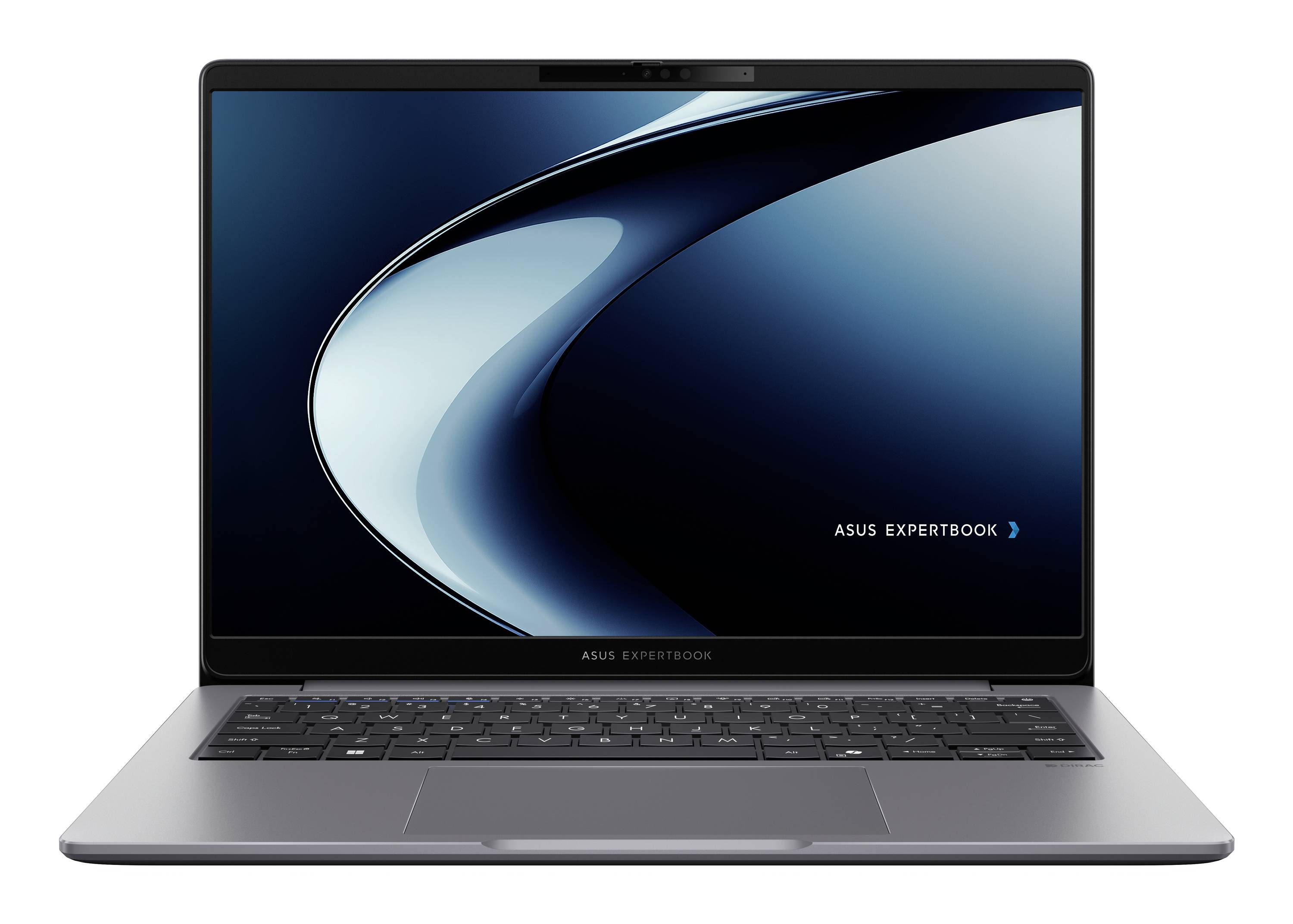 Vorderansicht eines ASUS ExpertBook Laptops mit einem dunkelblauem abstraktem Hintergrund auf dem Bildschirm.