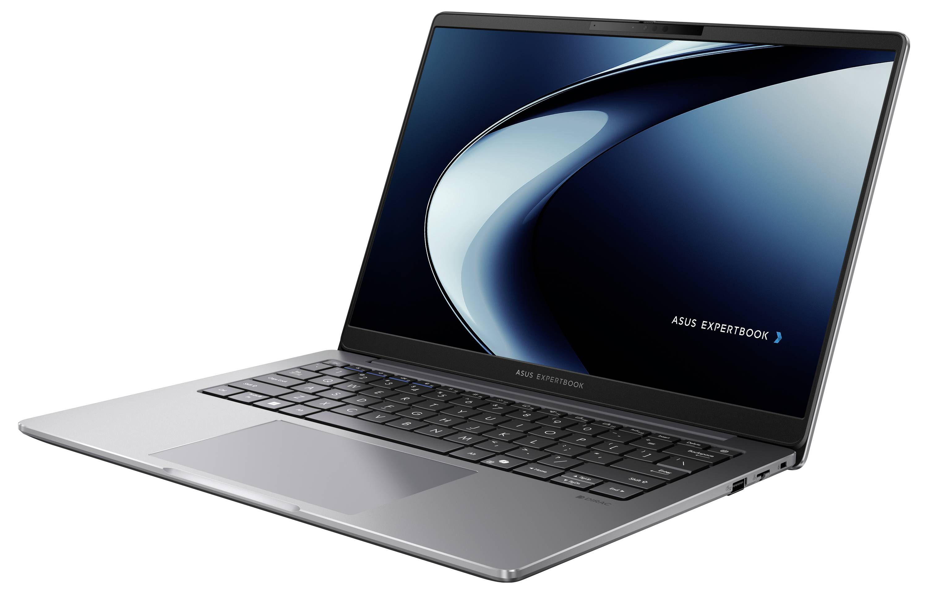 Silbernes Asus ExpertBook Laptop im Winkel geöffnet, zeigt auf dem Bildschirm eine blaue abstrakte Tapete.