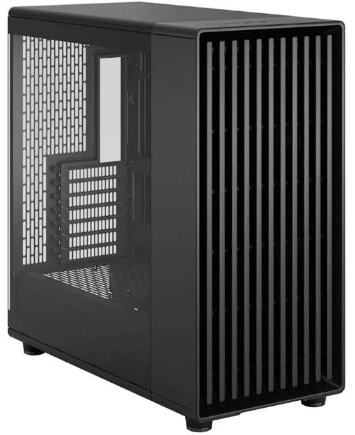 Ein elegantes schwarzes Computergehäuse mit transparentem Seitenpanel, das interne Steckplätze und ein Belüftungsgitter zur Schau stellt, entwickelt für Kühlung und Zugänglichkeit.