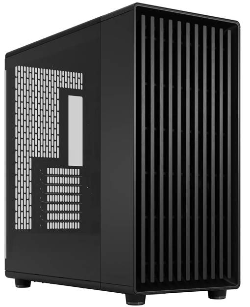 Ein schlankes schwarzes Computer-Gehäuse mit Seitenlüftung und einem Frontpanel mit vertikalen Lamellen, das für Luftstrom und Komponentenzugriff konzipiert ist.