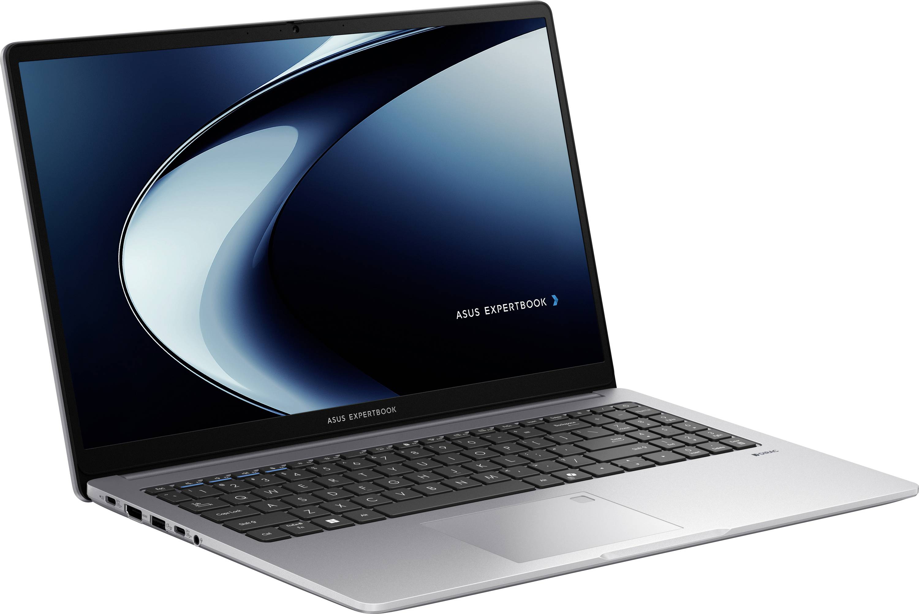Ein silberner Laptop mit schlankem Design, geöffnet und nach links geneigt, auf dessen Bildschirm ein abstraktes blau-schwarzes Hintergrundbild angezeigt wird.