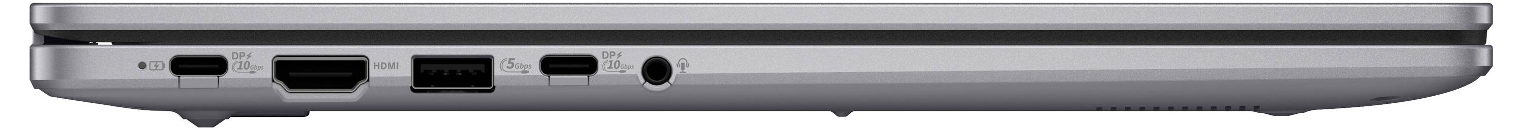 Ein geschlossener grauer Laptop, von der Seite betrachtet, mit Anschlüssen einschließlich HDMI, USB und Audiobuchse auf der linken Seite.