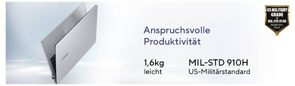 'Leicht und robust' Laptop-Werbung: 'Anspruchsvolle Produktivität', wiegt 1,6kg, erfüllt MIL-STD 810H Militärstandard.