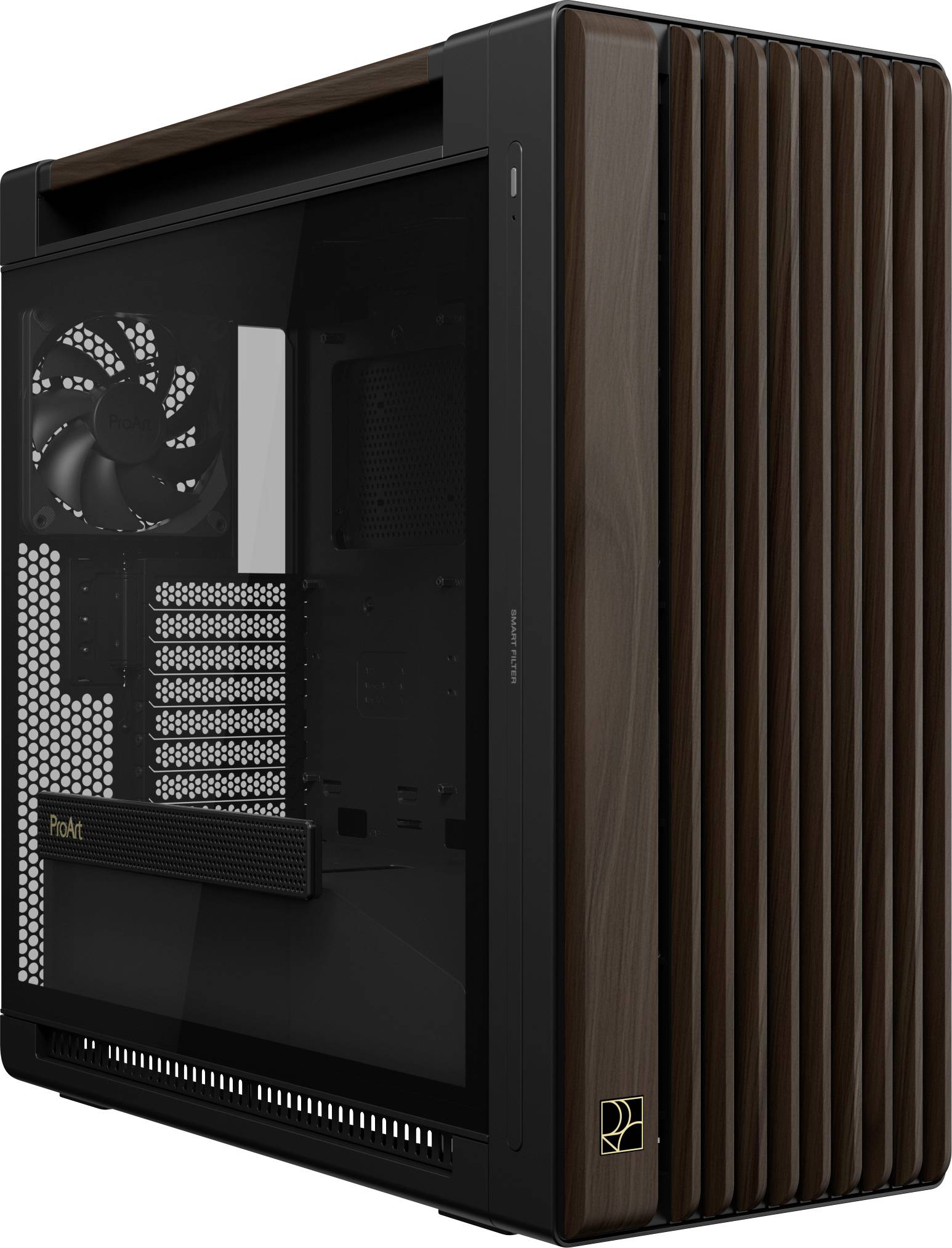 Ein Computergehäuse mit elegantem Design mit transparentem Seitenpaneel, Holzakzenten auf der Vorderseite und einem sichtbaren Kühlventilator.