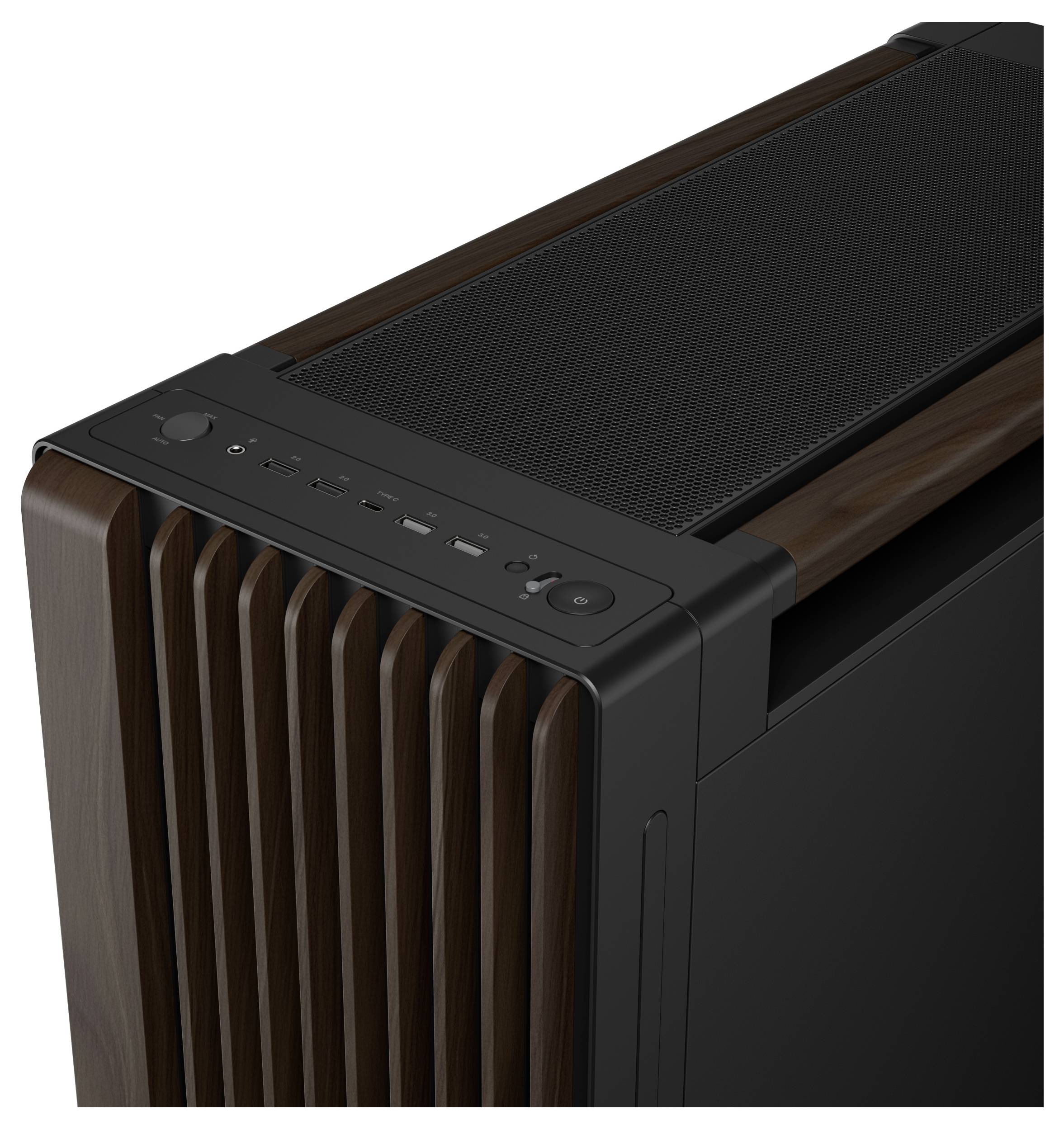 Ein elegantes Computergehäuse mit Holzoptik und schwarzem Mesh-Deckel. Zu den Merkmalen gehören eine Stromschalter, USB-Anschlüsse und Belüftungsschlitze an der Seite.