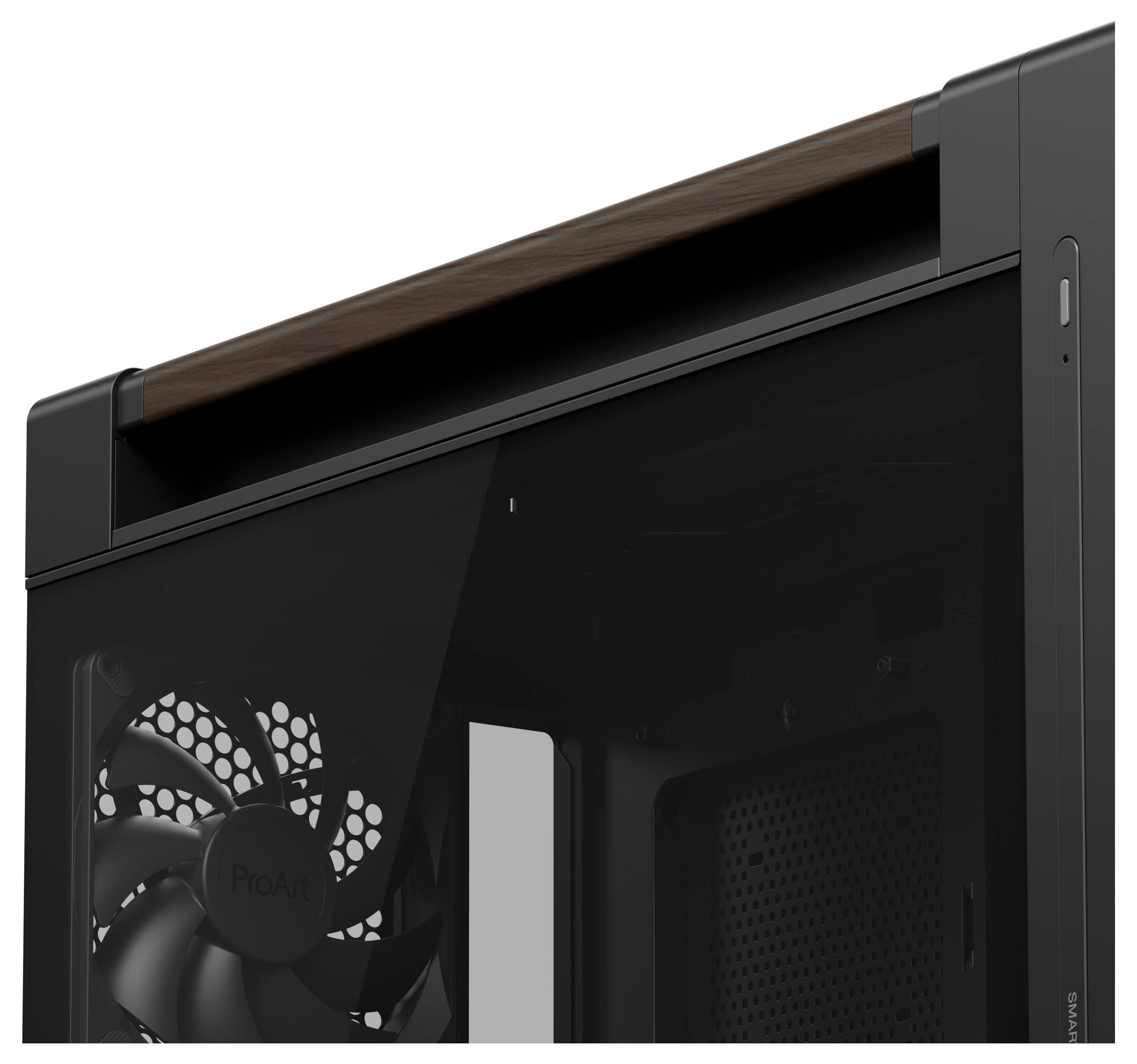 Ein schwarzes PC-Gehäuse mit sichtbarem Lüfter und schlankem Design, mit einer dunkelholzähnlichen Akzentkante oben, die moderne Ästhetik unterstreicht.