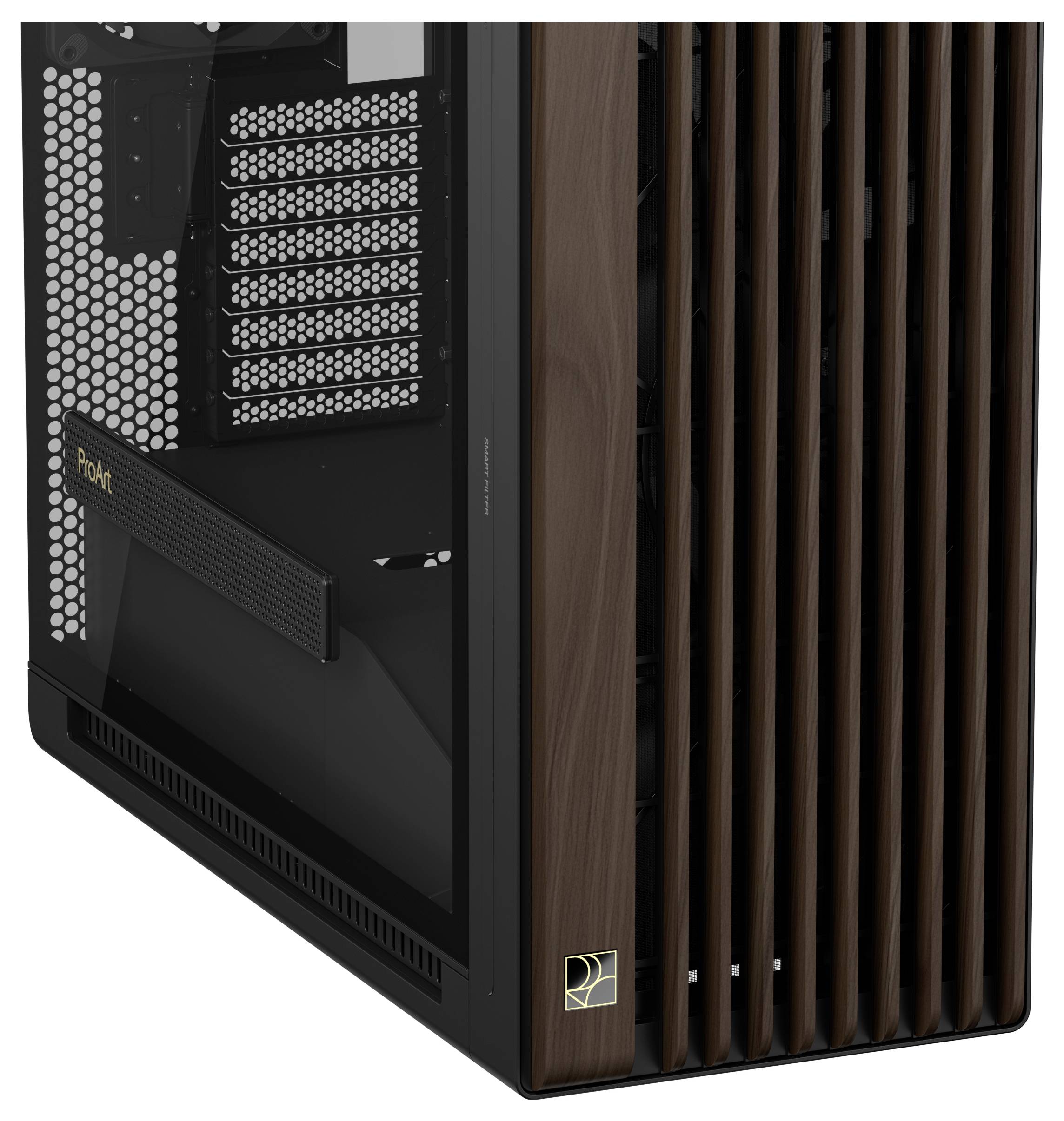 Nahaufnahme eines schwarzen Computergehäuses mit einer Holzverkleidung an der Vorderseite, die vertikale Lamellen aufweist und ein kleines Logo unten hat.