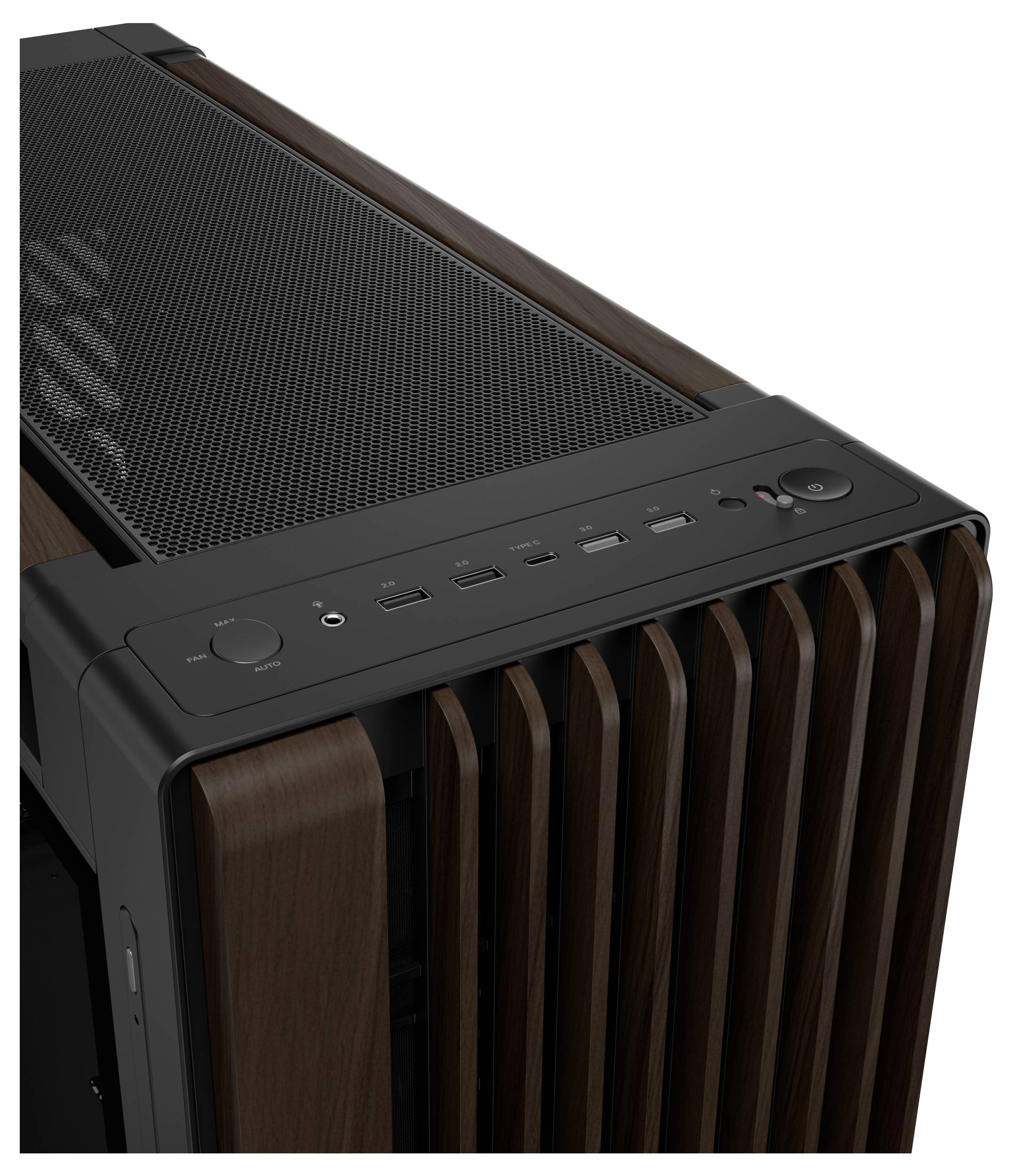 Computergehäuse mit Holzpaneel-Design, Draufsicht zeigt belüftete Oberseite, Netzschalter, USB-Anschlüsse und Audio-Buchsen auf der Frontplatte.