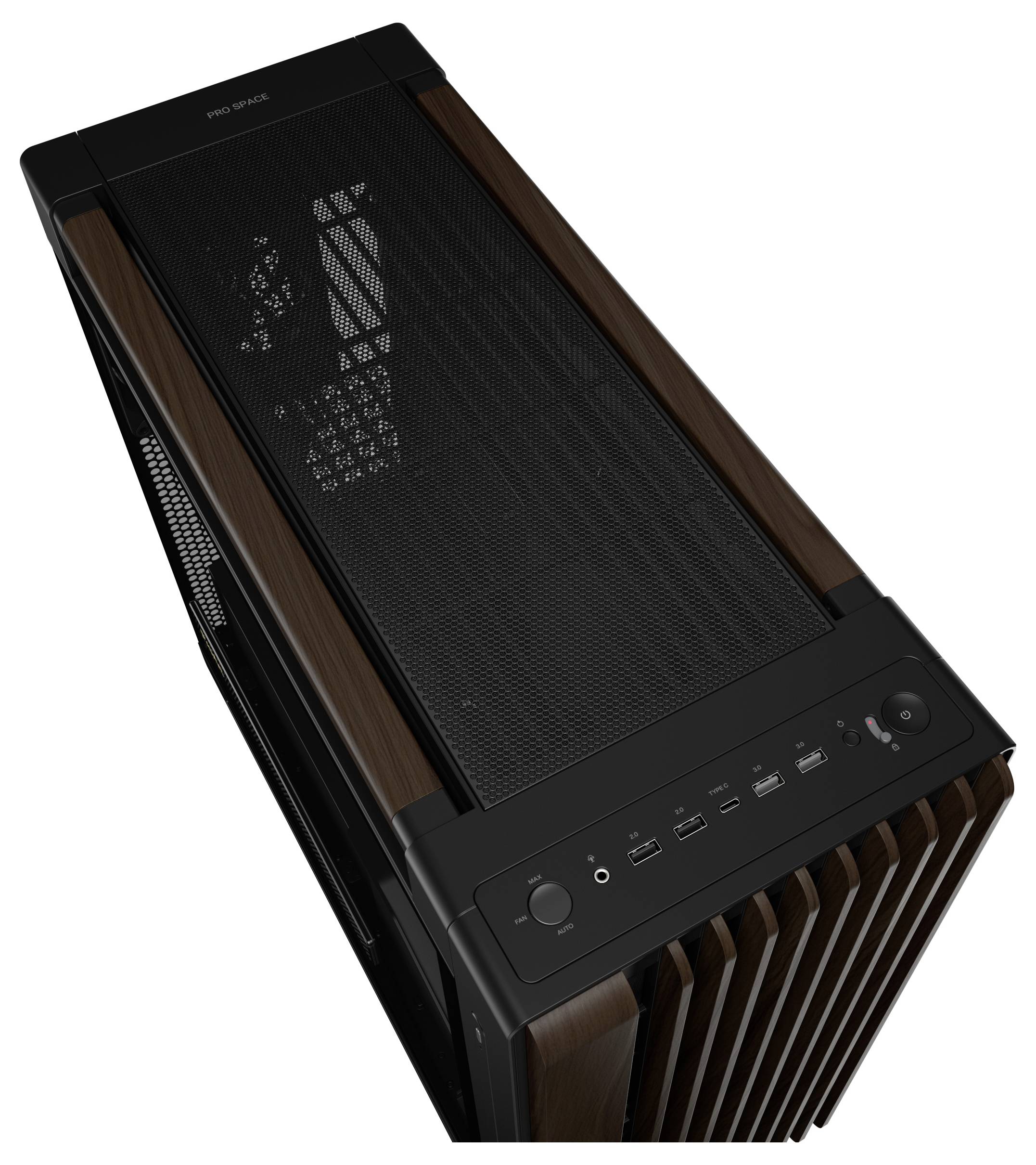 Ein elegantes Computergehäuse mit Mesh-Oberfläche im oberen Bereich zeigt mehrere USB-Anschlüsse, eine Audiobuchse und einen Netzschalter auf der Frontblende.