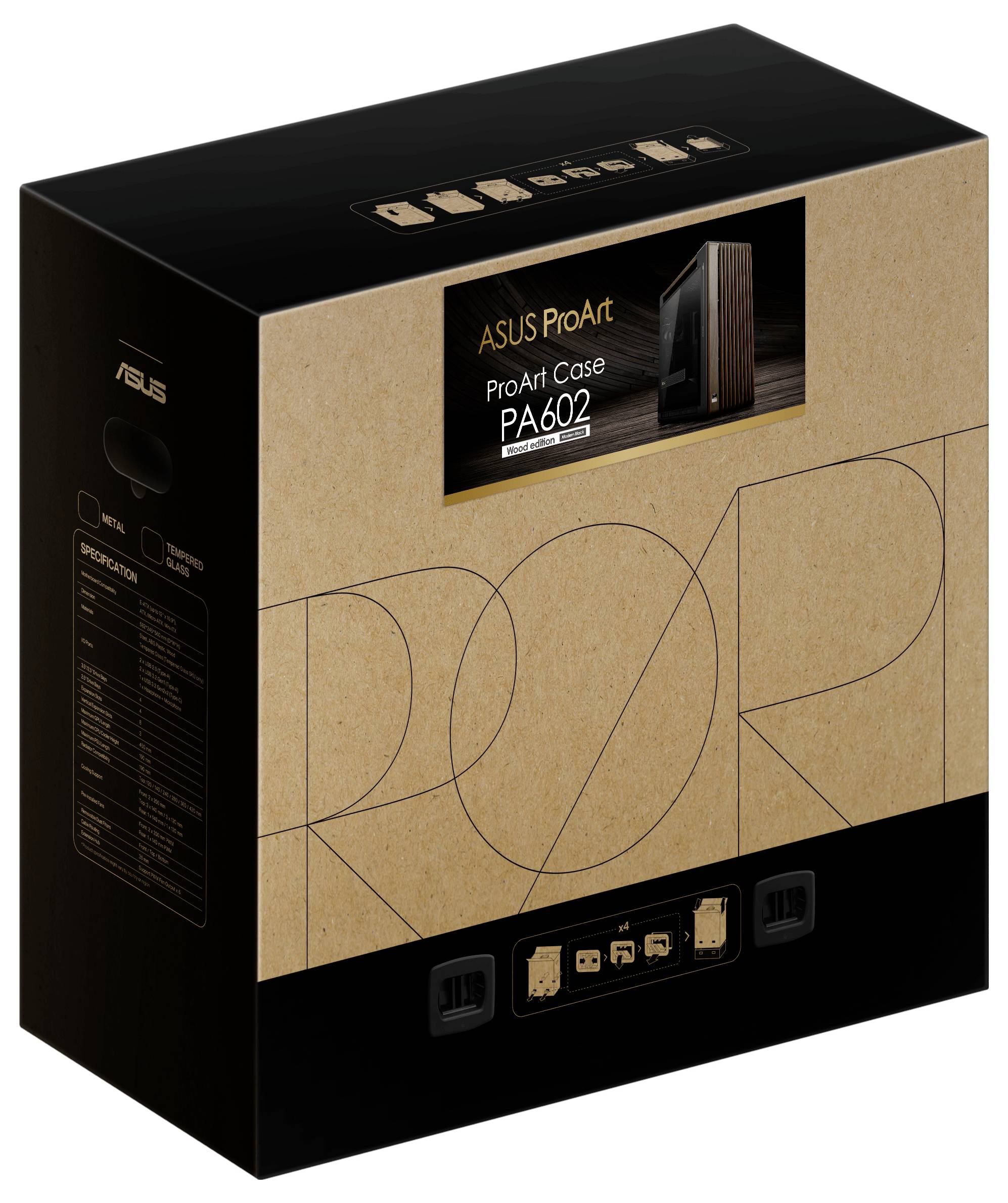 ASUS ProArt PA602 Essence Computergehäuse-Verpackung mit Produktbild und Spezifikationen auf der Seite. Schwarzes und braunes Design.