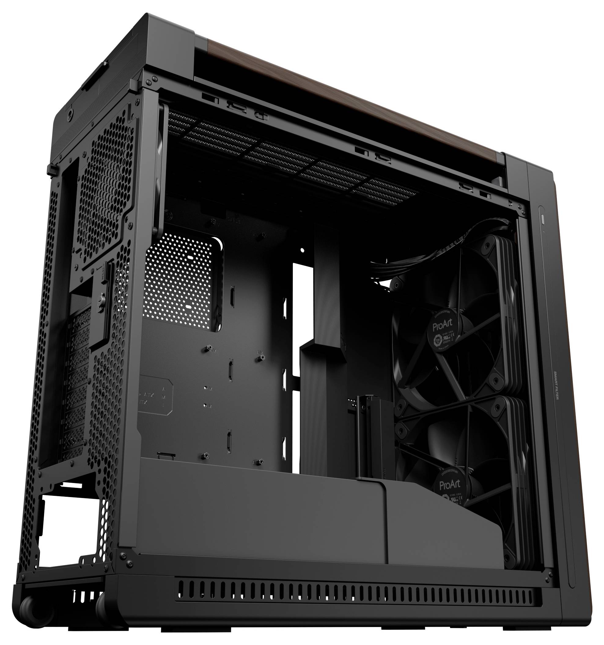 Ein schwarzes Computergehäuse mit entferntem Seitenpanel, das innere Kühlventilatoren und erweiterbare Steckplätze für Komponenten zeigt.