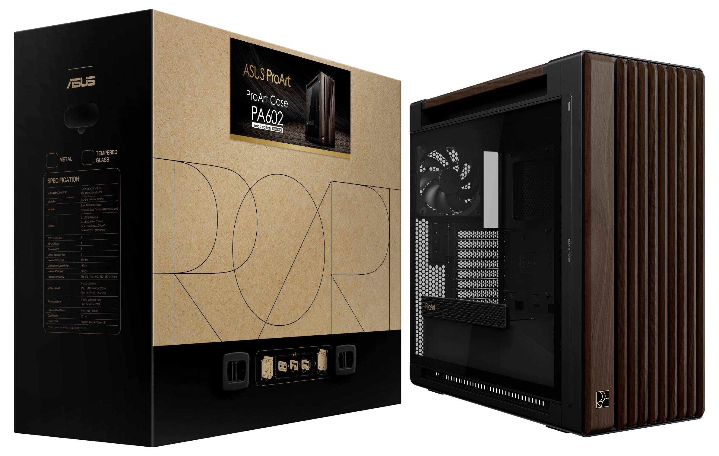 ASUS ProArt Case PA602, abgebildet mit Verpackung. Verfügt über ein transparentes Seitenpanel und Holzakzente, die Stil und Leistung unterstreichen.