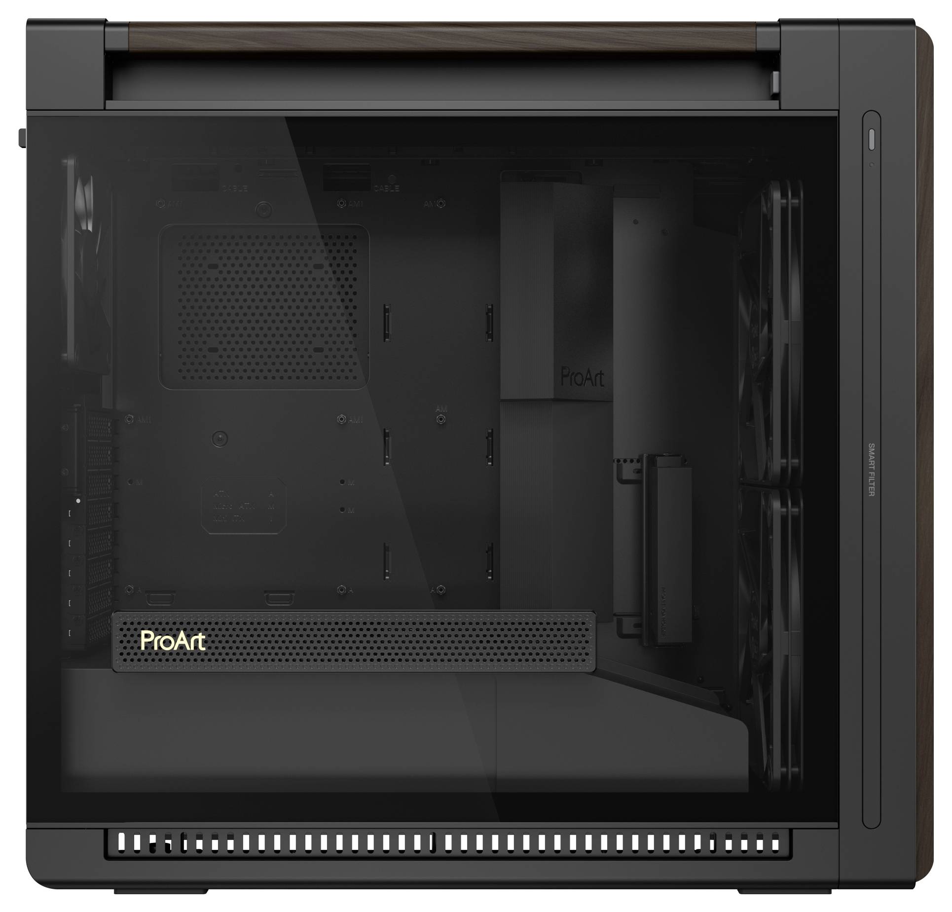 Ein schwarzes Computergehäuse mit einem transparenten Seitenpanel, das ein leeres Inneres zur Schau stellt, das für den Zusammenbau von Custom-Hardware ausgelegt ist.