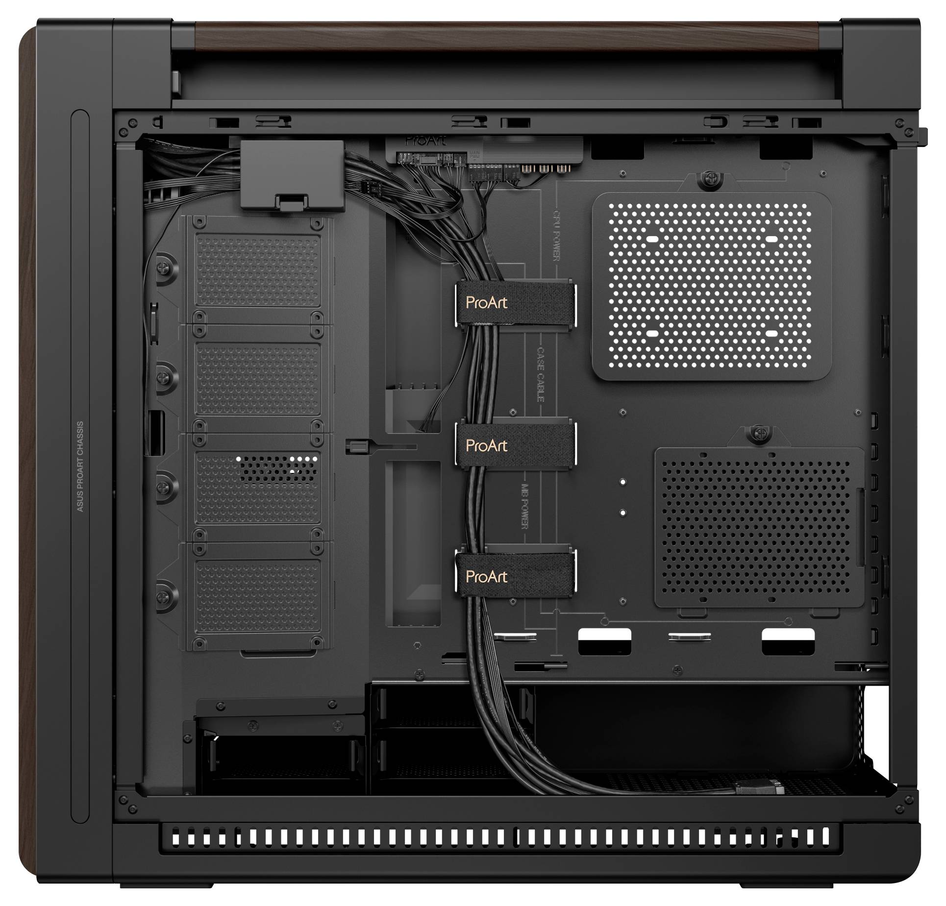 Offener Computer-Gehäuse, der interne Verkabelungsverwaltung und Komponenten-Steckplätze zeigt, mit sichtbaren 