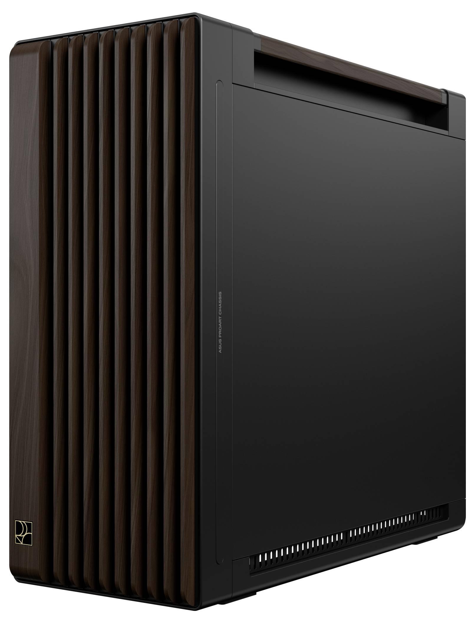 Ein eleganter schwarzer Computer-Turm mit vertikalen Kühllamellen an der Vorderseite, mit minimalistischem Design und einem Logo in der unteren linken Ecke.