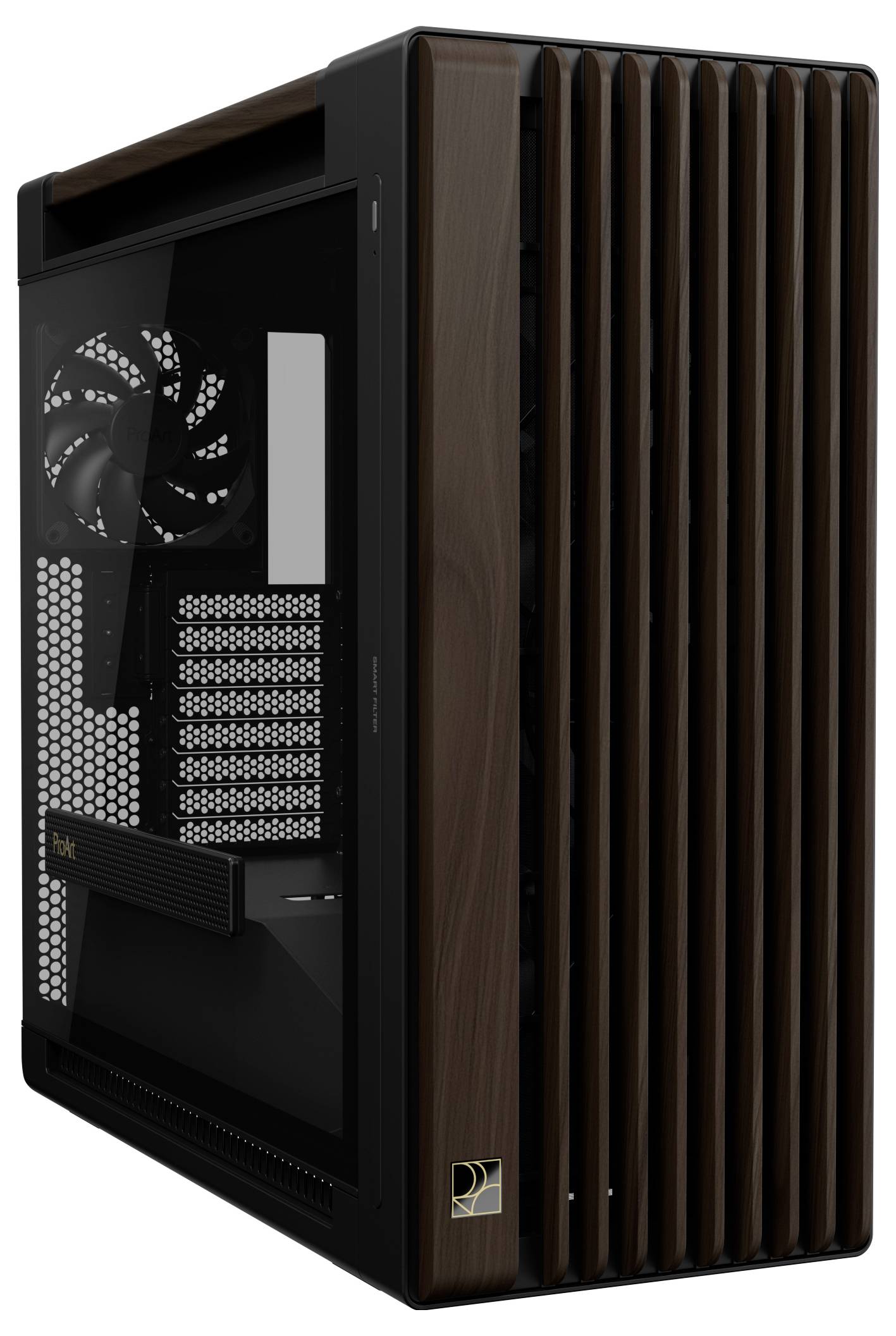 Ein hochwertiges Computergehäuse mit einem dunklen Holz- und Schwarzton-Farbschema, das eine Seitenlüftung mit Lüfter, Maschenöffnungen und ein vertikales Frontlüftungsdesign aufweist.