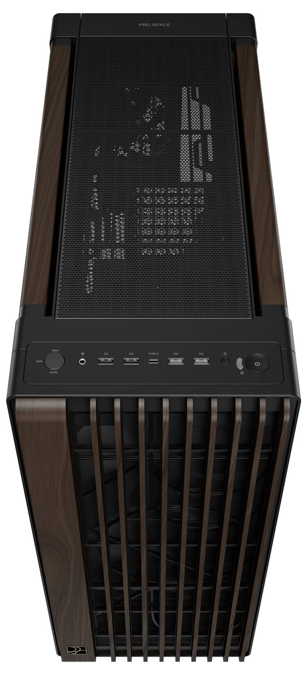 Ein modernes, vertikal stehendes Computergehäuse mit einem Mesh-Top zur Belüftung, holzähnlichen Seitenpanelen und vorderen Ein-/Ausgangsanschlüssen, einschließlich USB und Audio.