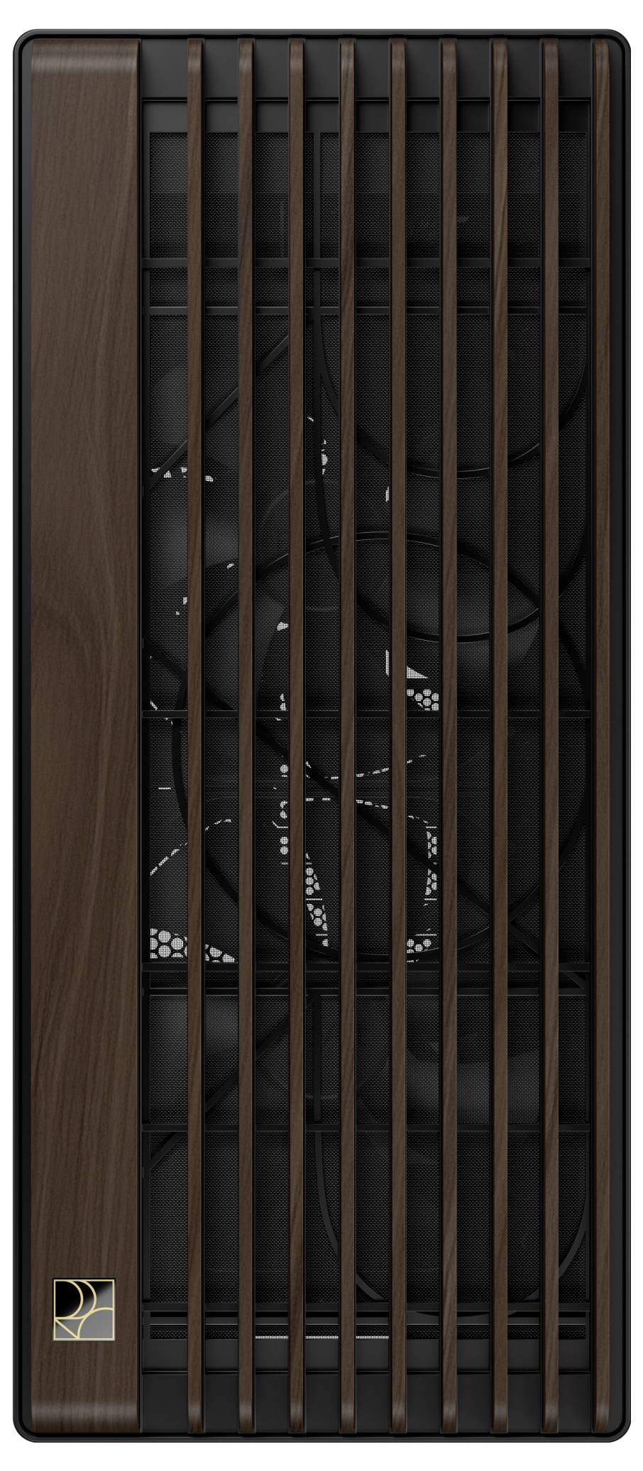 Ein eleganter Computer-Tower mit modernem Holzdesign und sichtbaren Kühlventilatoren, der das Emblem einer Technologiemarke zeigt.