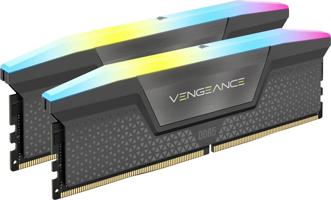 Zwei Corsair Vengeance DDR5-Speichermodule mit schwarzen Kühlkörpern und RGB-Lichtleisten oben, gezeigt auf weißem Hintergrund.