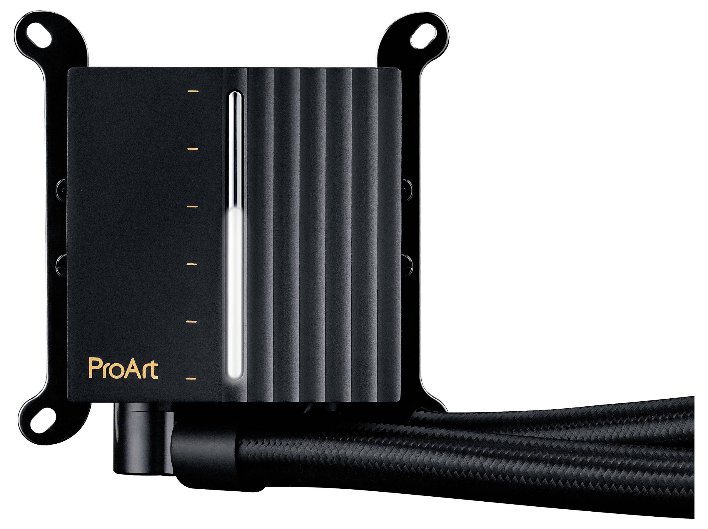 »ProArt« beschriftete schwarze Komponente mit gerippter Oberfläche, Leuchtanzeige und angeschlossenen Kabeln, wahrscheinlich Teil eines Kühlsystems oder einer Hardware-Einheit.