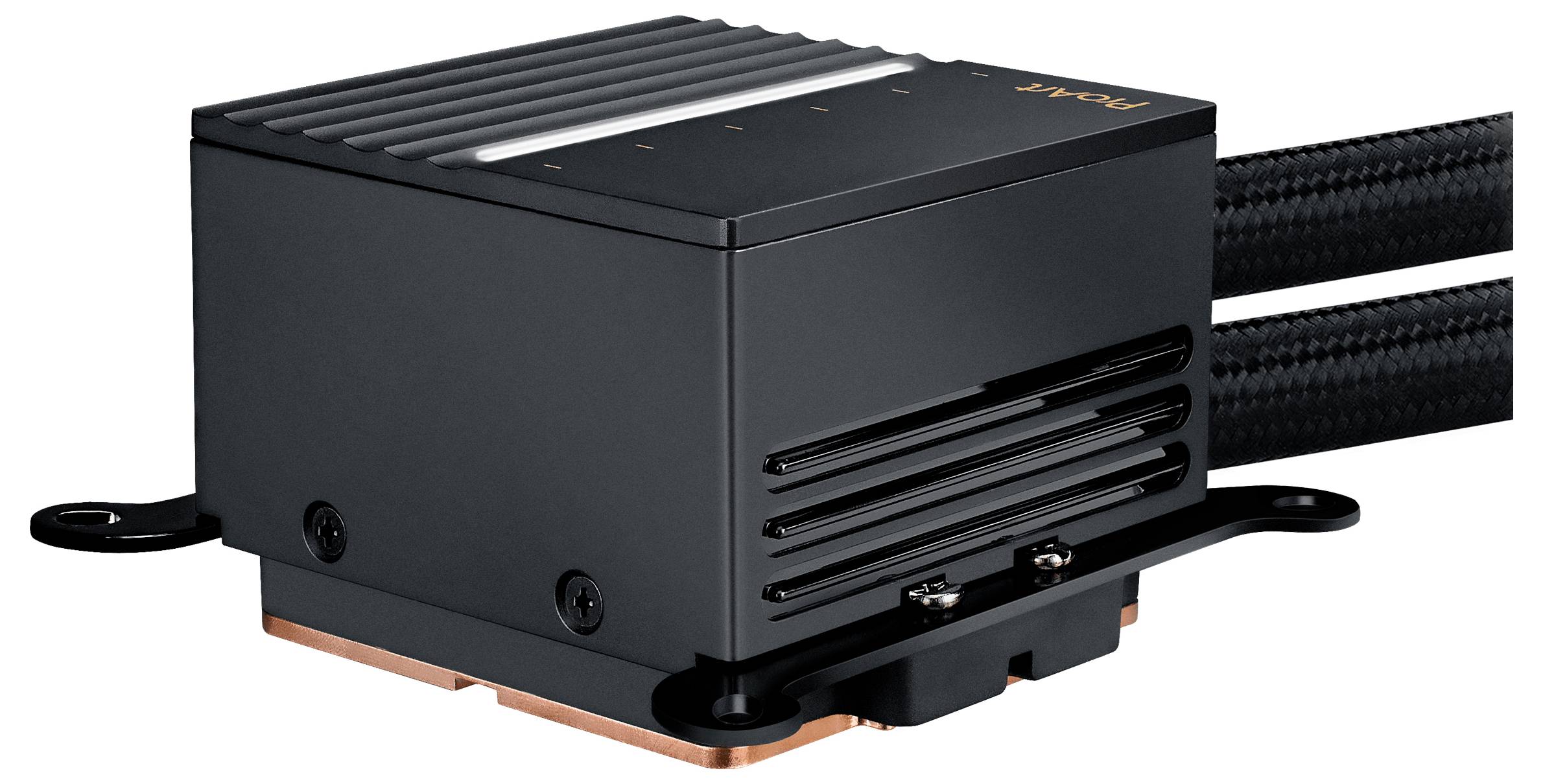 Ein eleganter schwarzer Prozessorkühler mit geripptem Design, zwei Schläuchen und Kupferbasis, entwickelt für hochleistungsstarke Computerkühlung.
