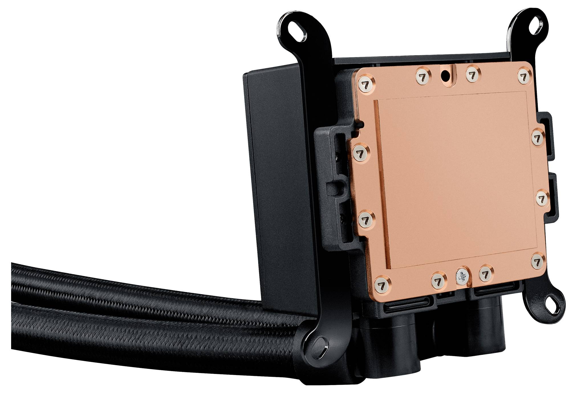 Ein Computerkü­hlblock mit flüssiger Kühlung mit sichtbarem Kupfergrund und schwarzem Schlauch, der zur Wärmeableitung von CPU- oder GPU-Komponenten verwendet wird.