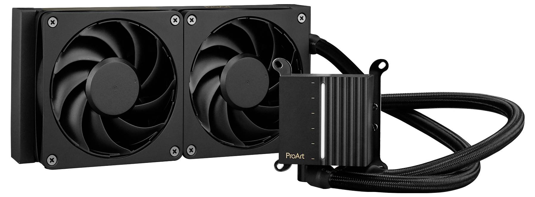 Schwarzer Dual-Lüfter-Flüssigkeitsprozessorkühler mit angeschlossenem Radiator und Schläuchen, entwickelt für effizientes Wärmemanagement in Computersystemen.