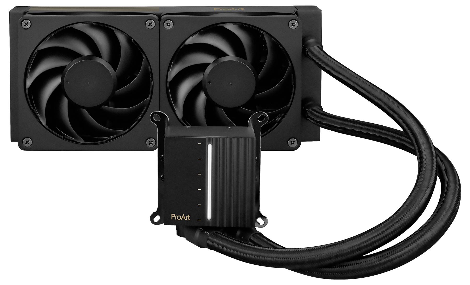 Flüssigkeitskühler mit zwei Lüftern, schwarzem Radiator und beschrifteter 'ProArt'-Pumpe, mit geflochtenen Schläuchen für verbesserte PC-Kühlleistung.