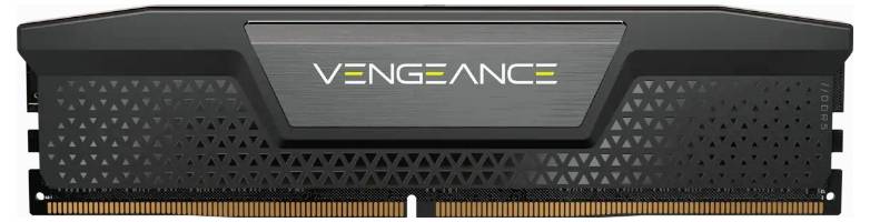 Ein schwarzes Vengeance RAM-Modul mit elegantem Design und sichtbaren Goldkontakten an der Unterseite, geeignet zur Verbesserung der Computerleistung.