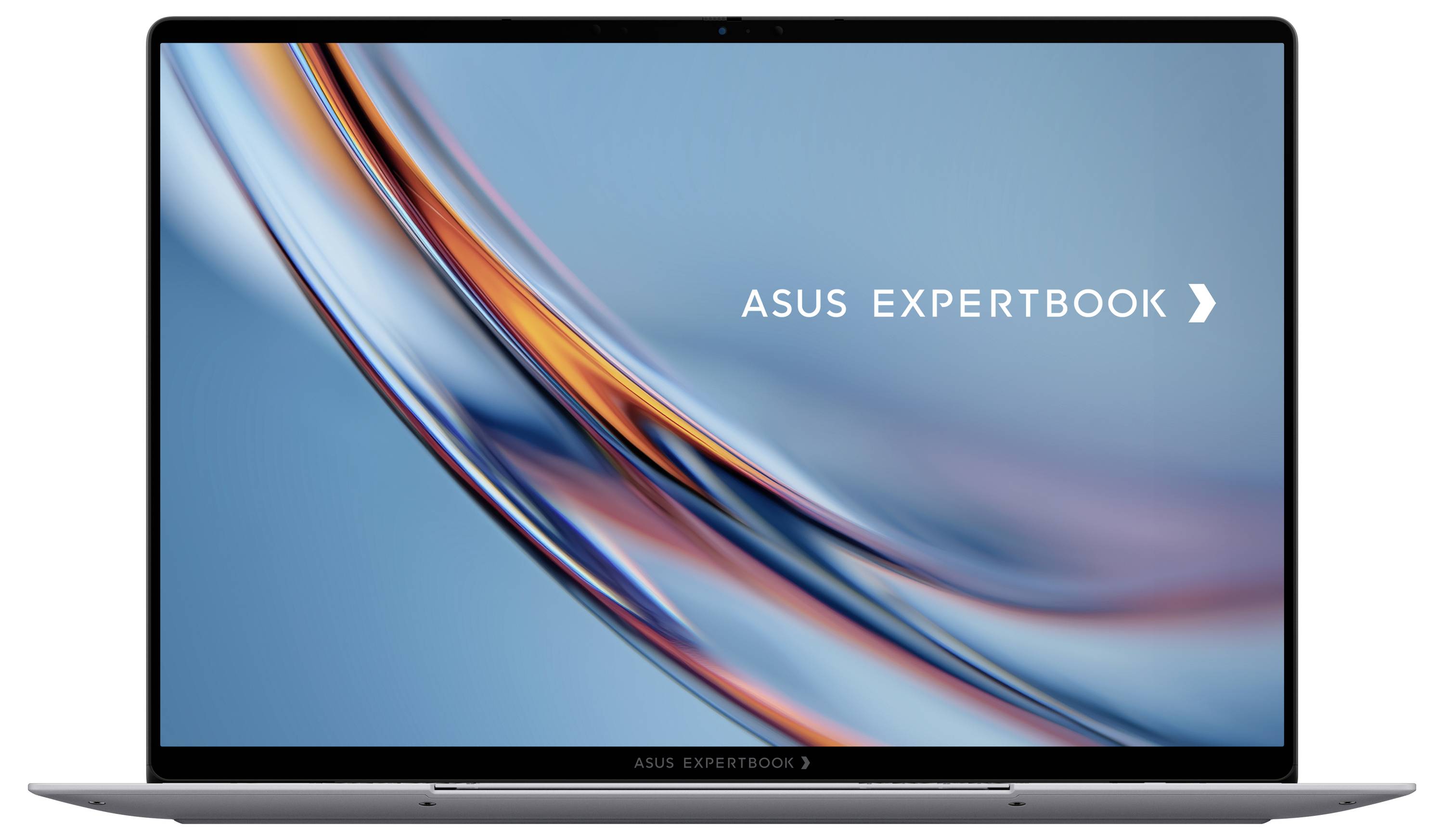 ASUS ExpertBook Laptop mit elegantem Design auf dem Bildschirm mit abstraktem blau-orange Wellenmuster.