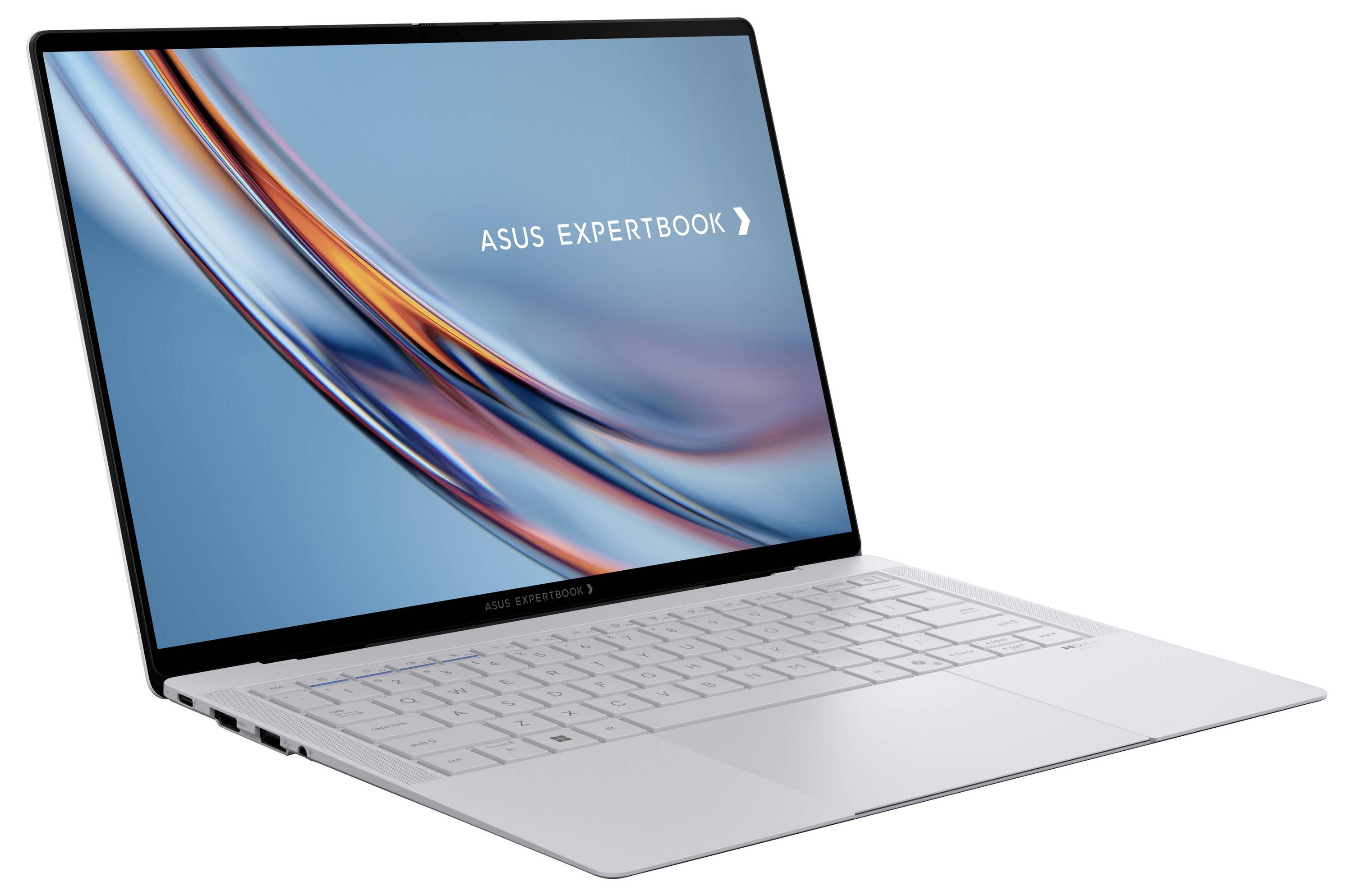 Silberner Laptop mit dünnen Displayrahmen, der ein blaues und orangefarbenes abstraktes Design und den Text „ASUS ExpertBook
