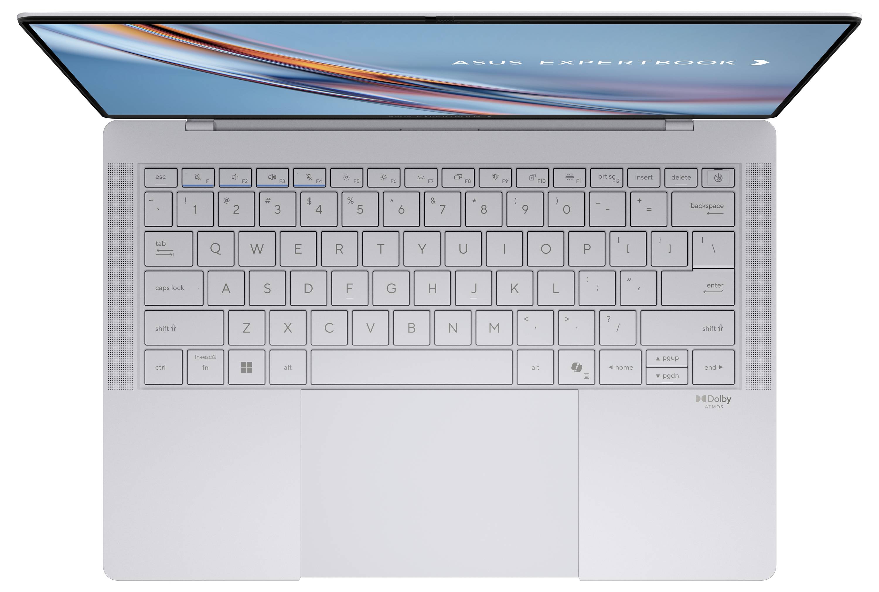 Ein silberner Laptop von oben betrachtet, mit einer vollständigen QWERTY-Tastatur und einem Trackpad, wobei der Bildschirm leicht geöffnet ist und 