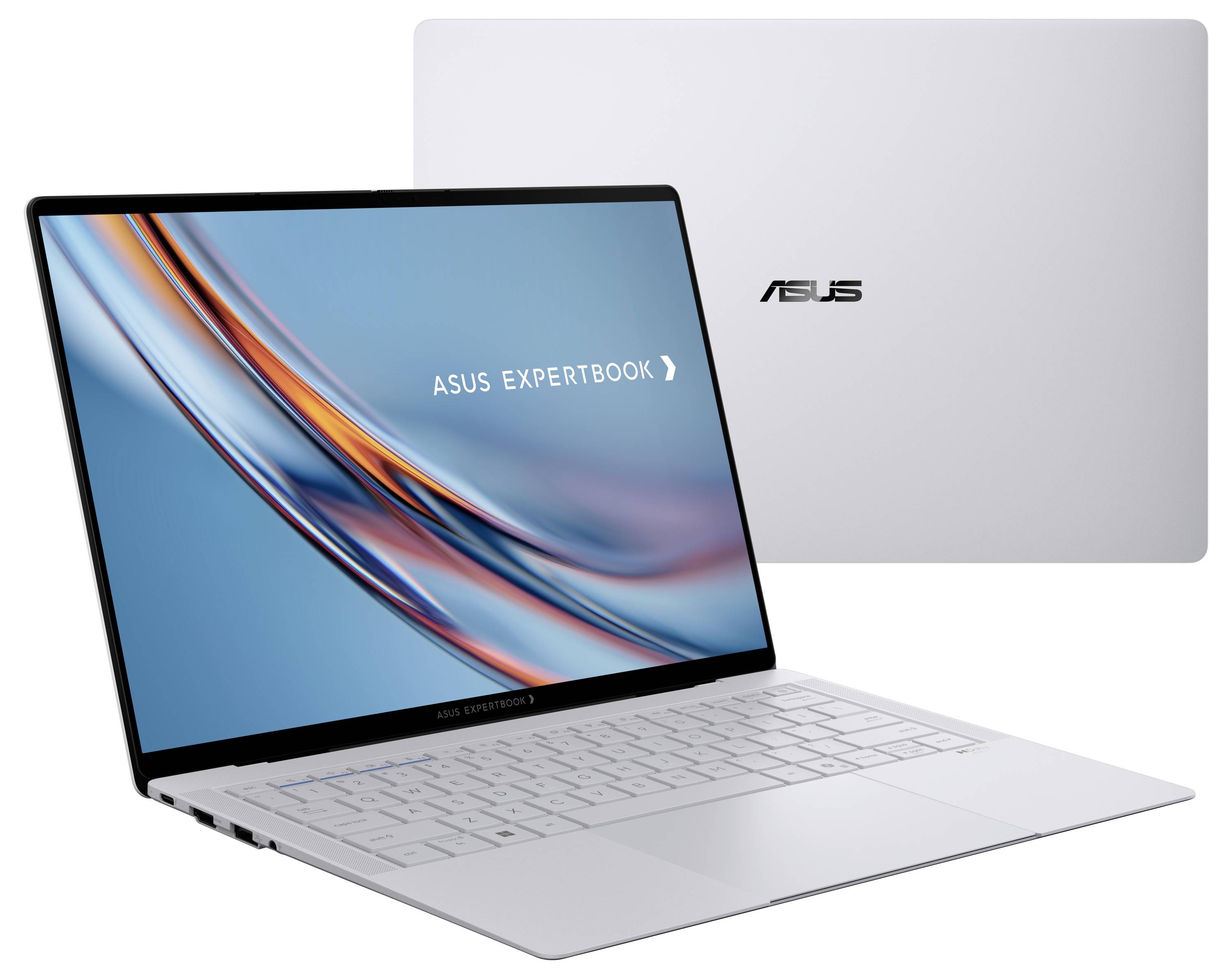 Laptop mit elegantem silbernem Finish, geöffnet, mit einem Bildschirm, der ein abstraktes Design in Blau und Weiß zeigt, sowie den Worten „ASUS ExpertBook