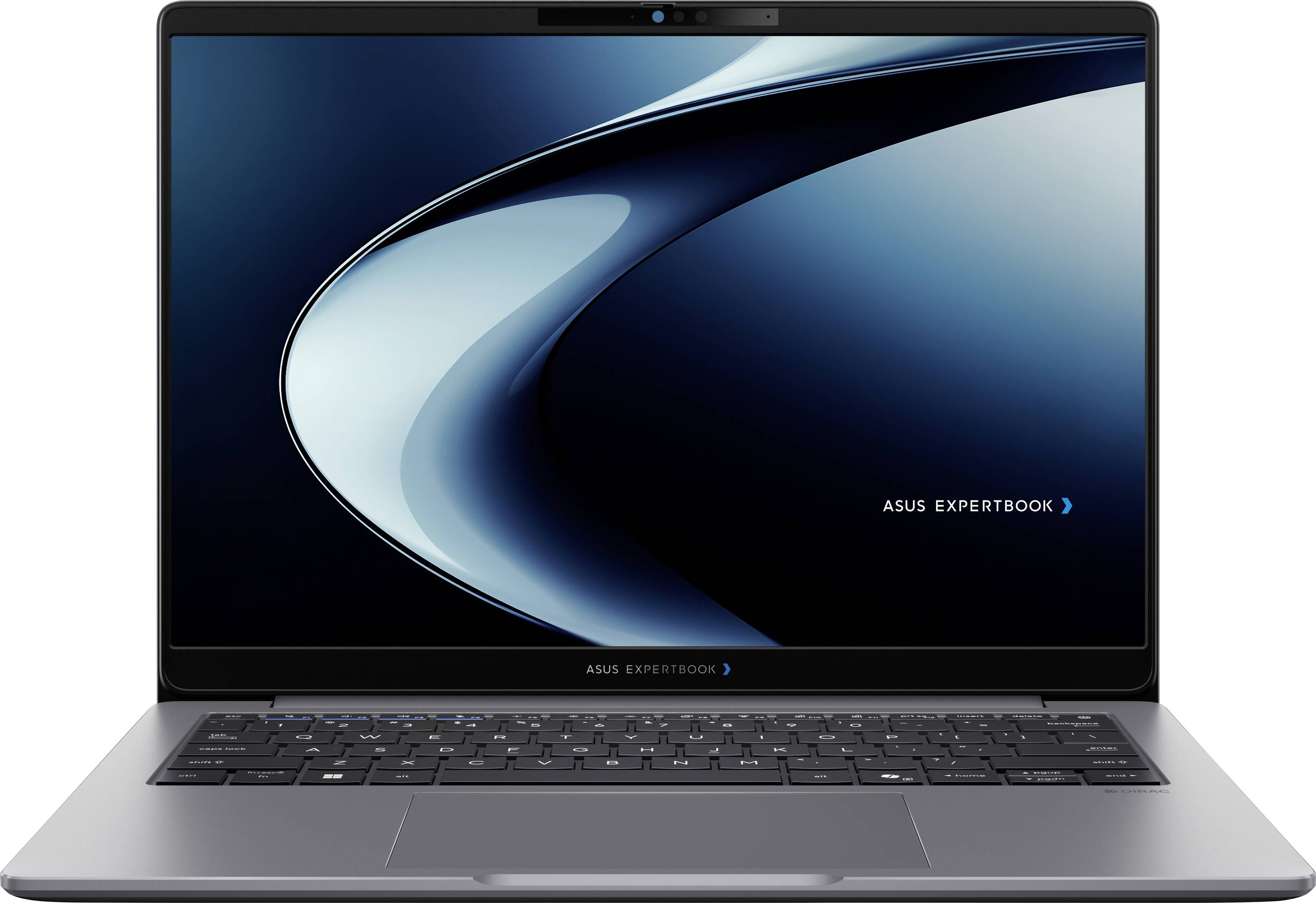 Ein schlankes Laptop mit einem dunklen Bildschirm, auf dem das Logo „ASUS EXPERTBOOK