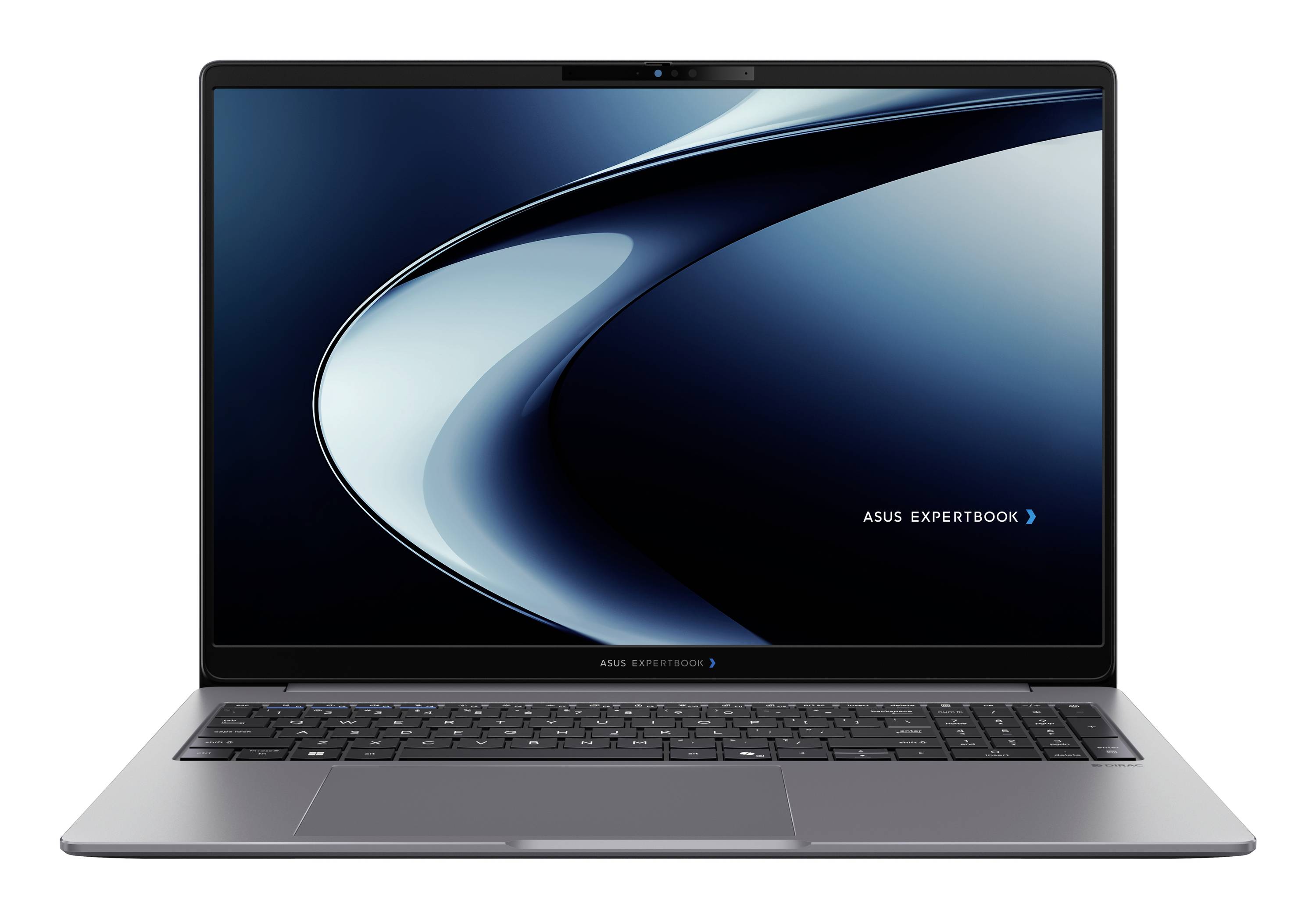 Ein nach vorne gerichtetes Asus ExpertBook Laptop mit einem Bildschirm, der eine blaue abstrakte Wellengrafik und das Asus ExpertBook Logo anzeigt.