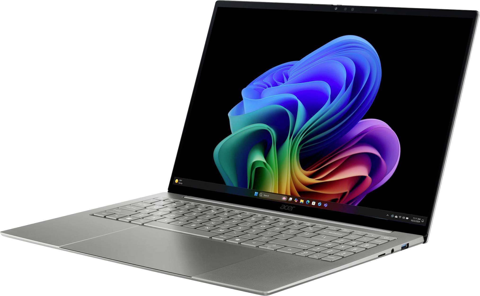Silberner Laptop, der auf weißem Hintergrund offen ist und einen farbenfrohen abstrakten Windows-ähnlichen Hintergrund auf dem Bildschirm zeigt.