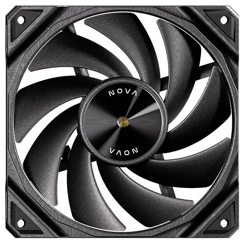Ein schwarzer Computerlüfter mit mehreren Blättern und dem Wort „NOVA