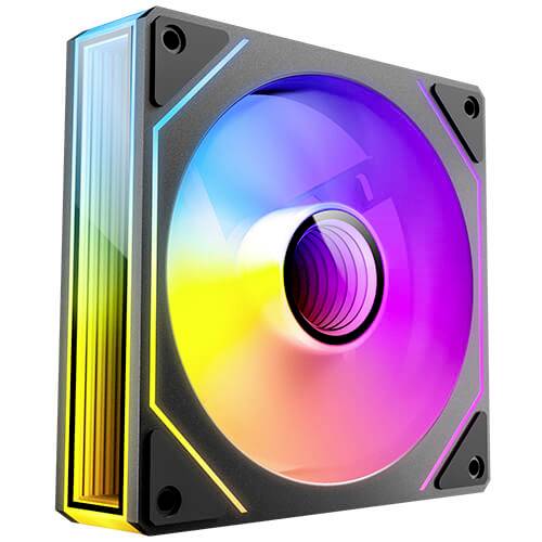 RGB-Computerlüfter mit hellem, farbenfrohem leuchtenden Ring, mit mehreren Farben wie Blau, Rosa und Gelb.