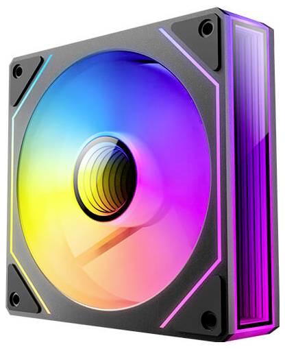 Ein quadratischer RGB-Computerlüfter strahlt lebendige Farben aus: Blau, Gelb, Grün und Rosa. Er verfügt über ein elegantes Design, das seine LED-Funktionen hervorhebt.