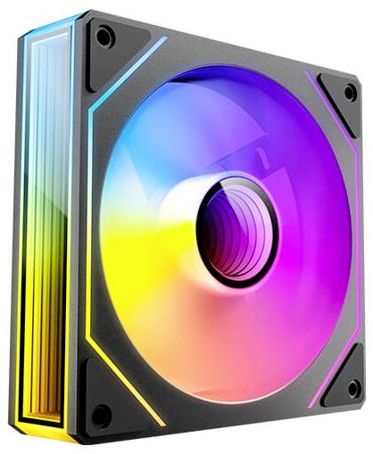 Ein Computerlüfter mit RGB-Beleuchtung in einer Reihe von lebendigen Farben, in einem quadratischen schwarzen Rahmen untergebracht, konzipiert zum Kühlen und für Ästhetik.