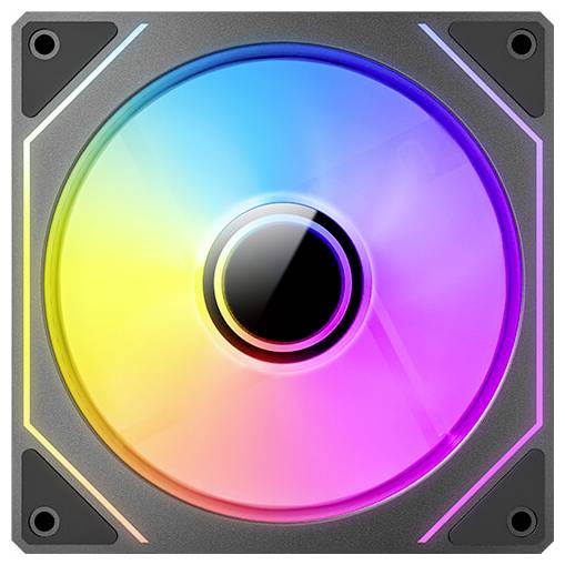 Ein Computerkühlüfter mit programmierbarer RGB-Beleuchtung, der ein Farbspektrum von Gelb bis Violett anzeigt, in einem quadratischen Rahmen.
