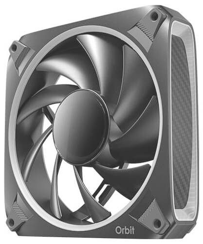 Nahaufnahme eines Computerlüfters mit sichtbarer Montageklammer und abgelöstem Eckstück auf der linken Seite, das die Komponenten der Lüfteranordnung hervorhebt.