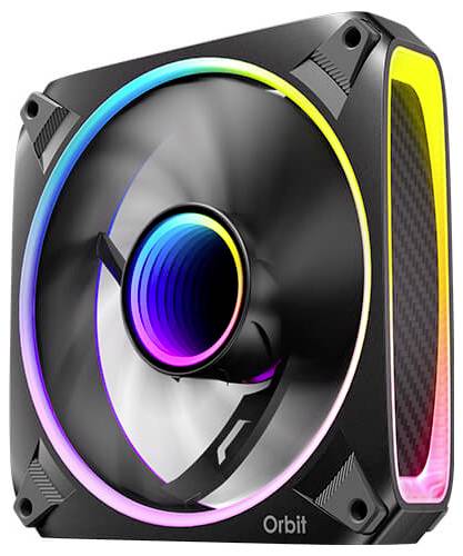 Ein schwarzer und bunter LED-Gaming-PC-Lüfter mit der Aufschrift „Orbit
